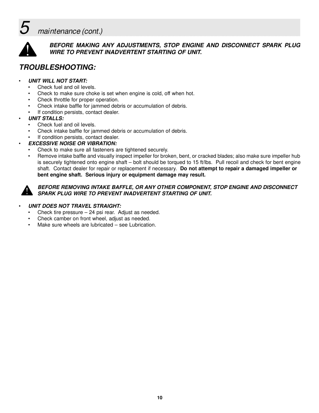 Snapper ELBC6151BV manual Troubleshooting, Unit will not Start 