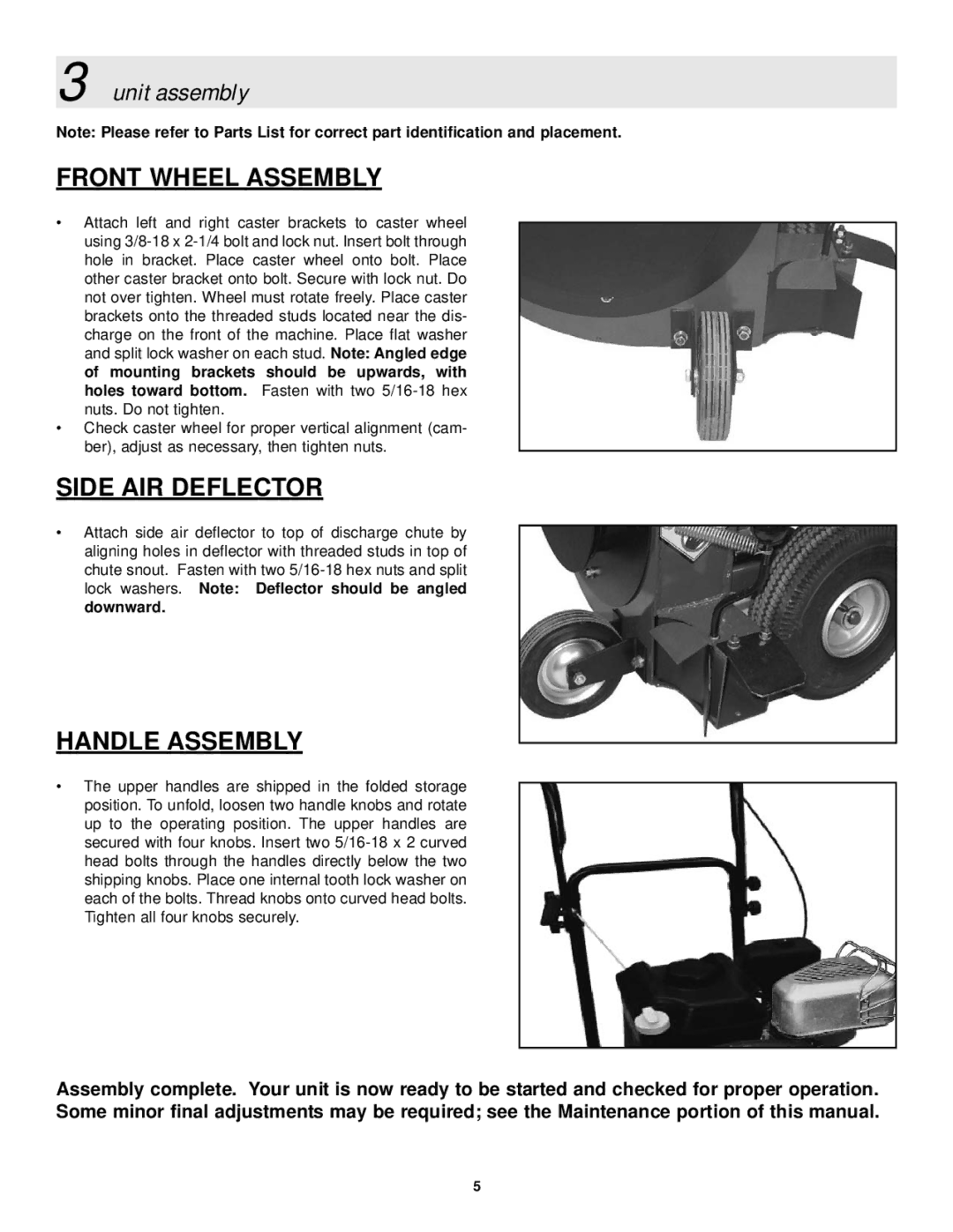 Snapper ELBC6151BV manual Front Wheel Assembly, Side AIR Deflector, Handle Assembly, Unit assembly 