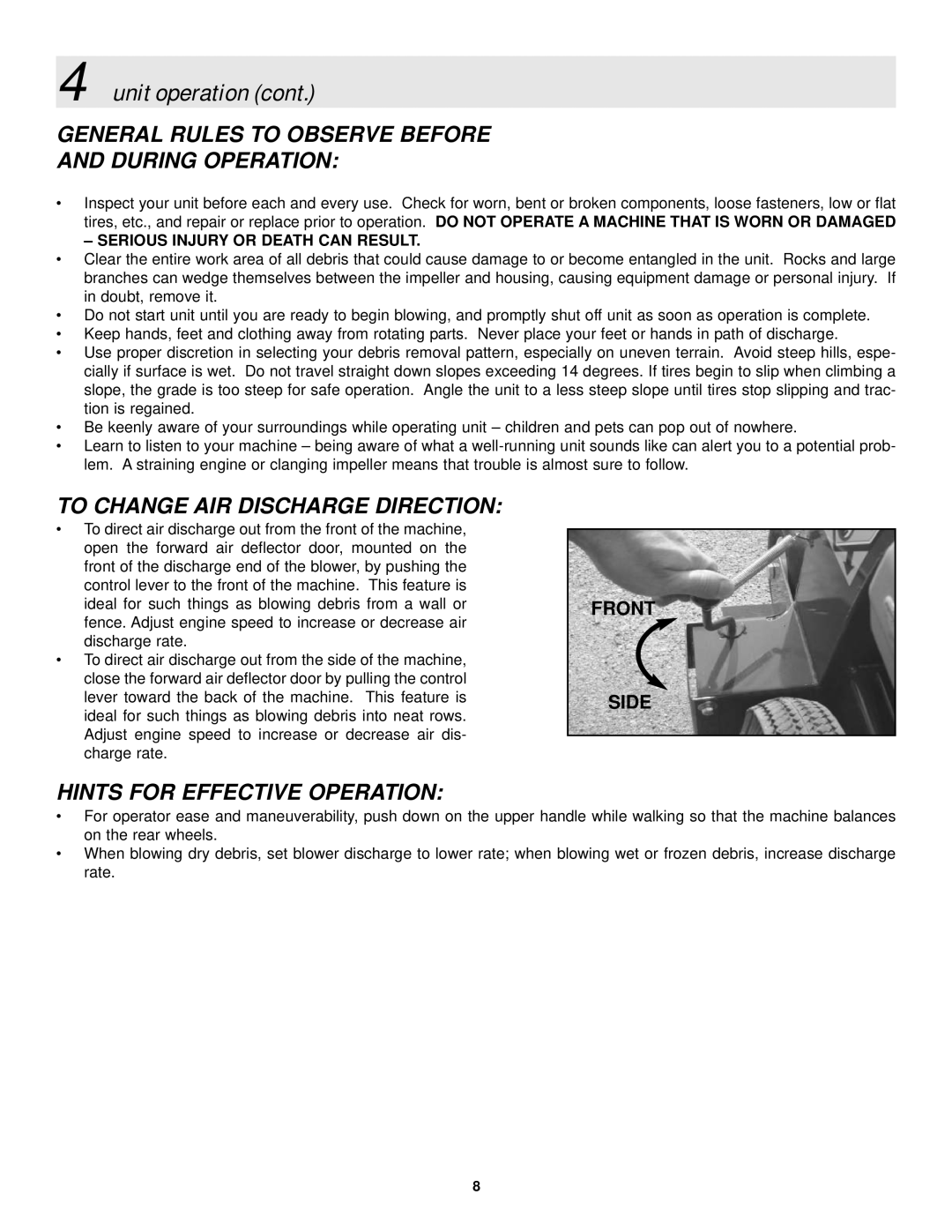 Snapper ELBC6151BV manual General Rules to Observe Before During Operation, To Change AIR Discharge Direction 