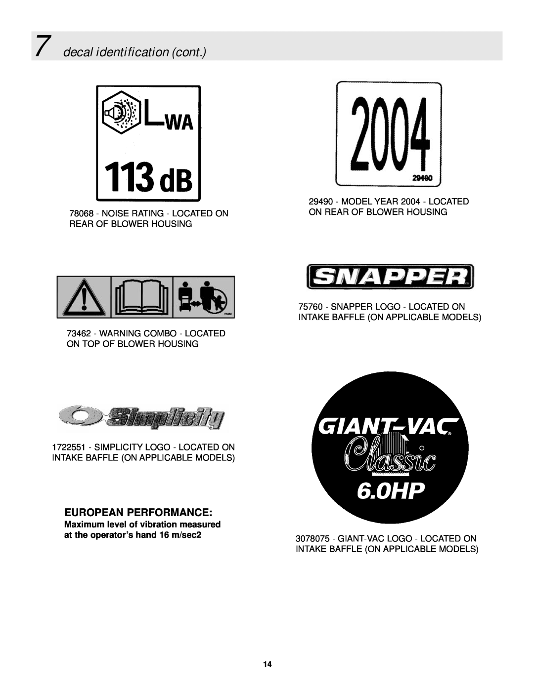 Snapper ELBC6151BV manual decal identification cont, European Performance 