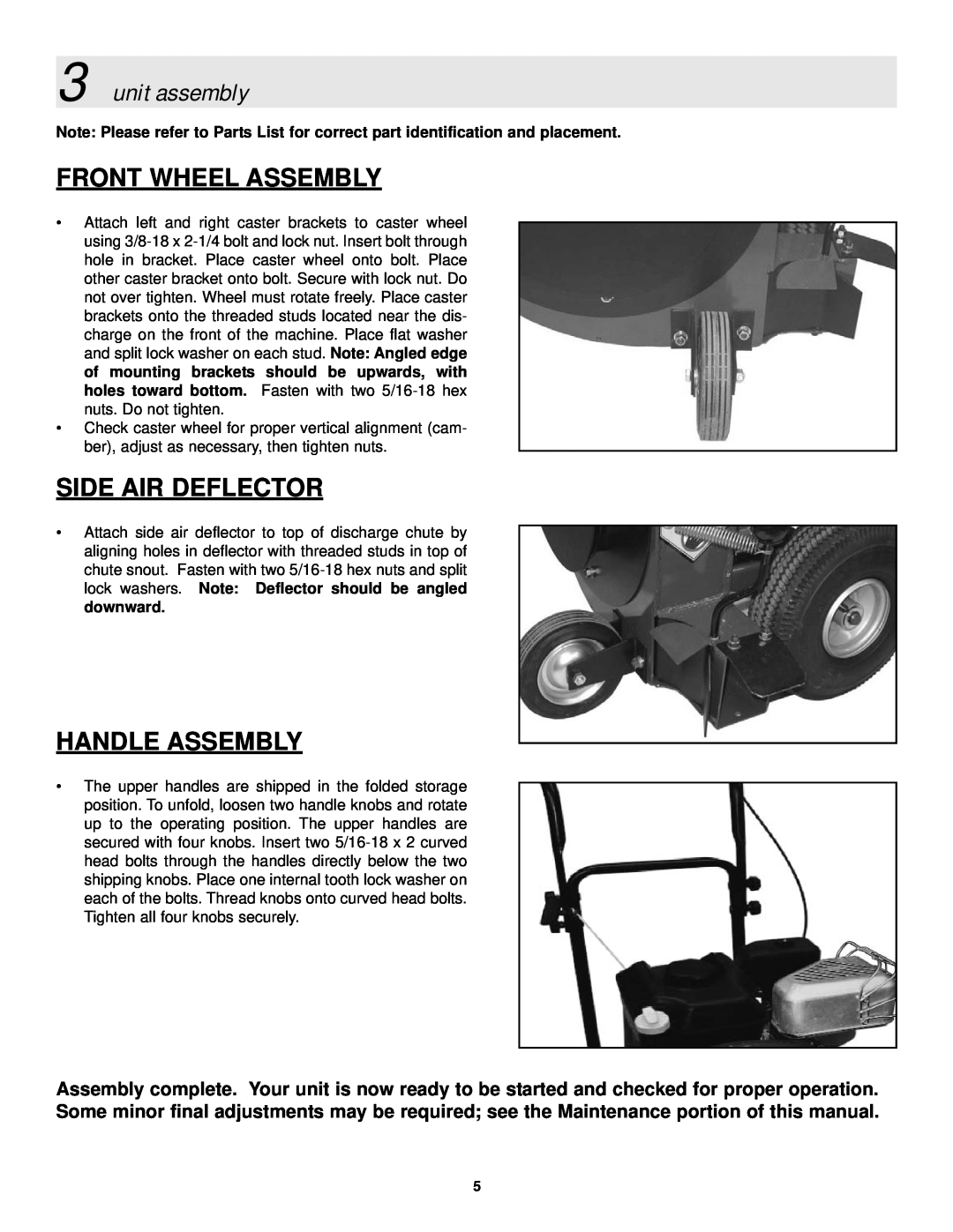 Snapper ELBC6151BV manual Front Wheel Assembly, Side Air Deflector, Handle Assembly, unit assembly 