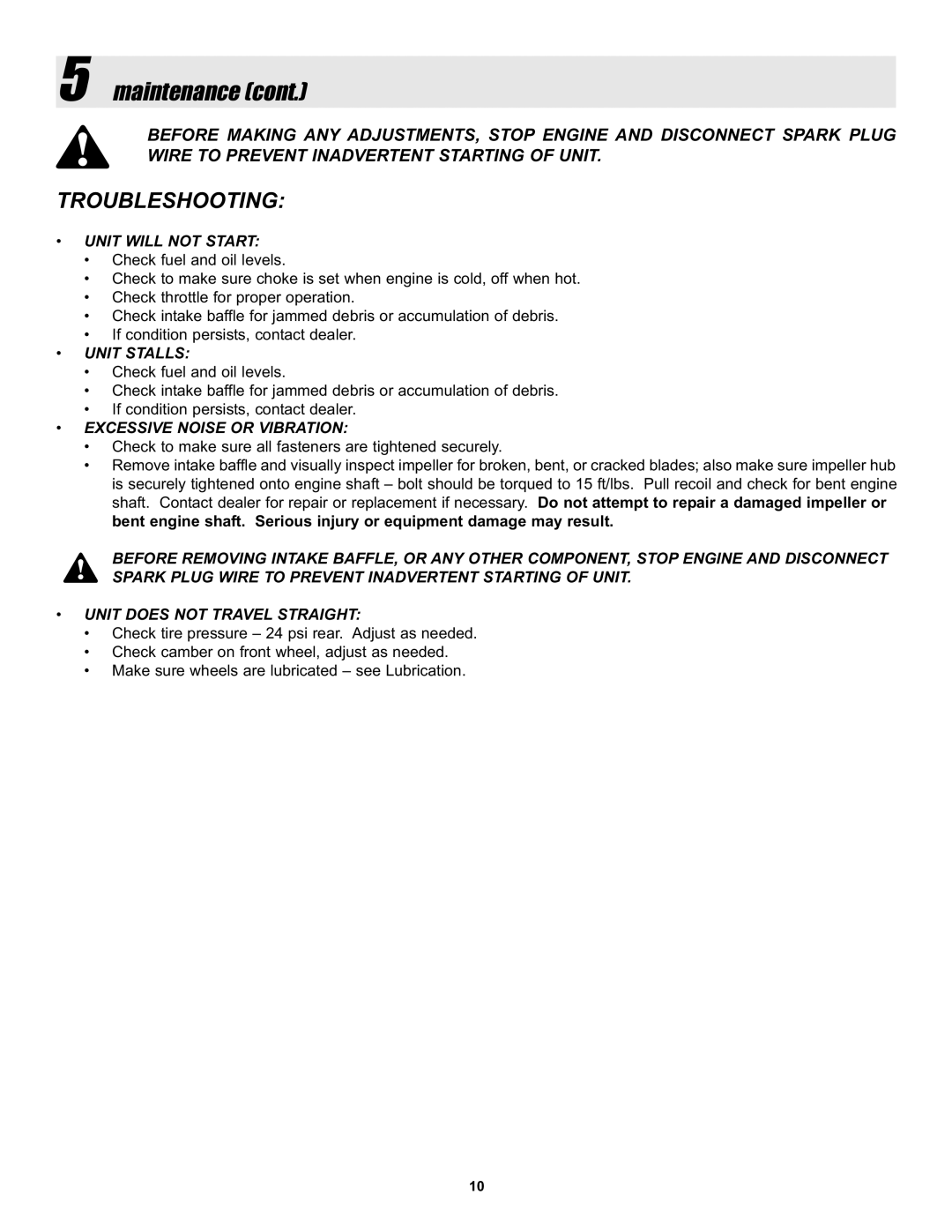 Snapper ELBC6152BV manual Troubleshooting, Unit will not Start 