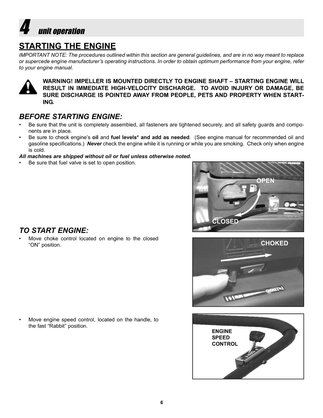 Snapper ELBC6152BV manual Starting the Engine, Unit operation, Before Starting Engine, To Start Engine 