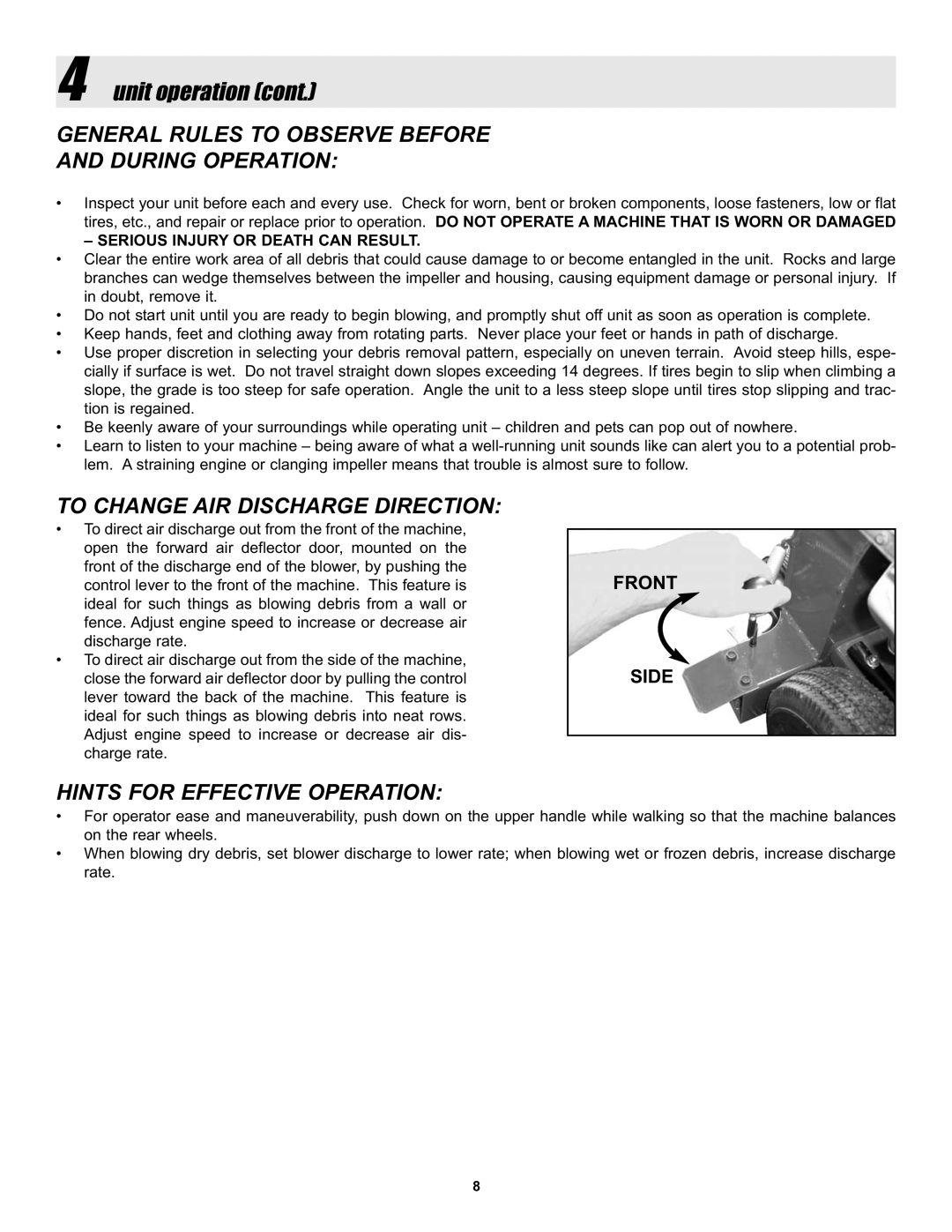 Snapper ELBC6152BV manual General Rules to Observe Before During Operation, To Change AIR Discharge Direction 