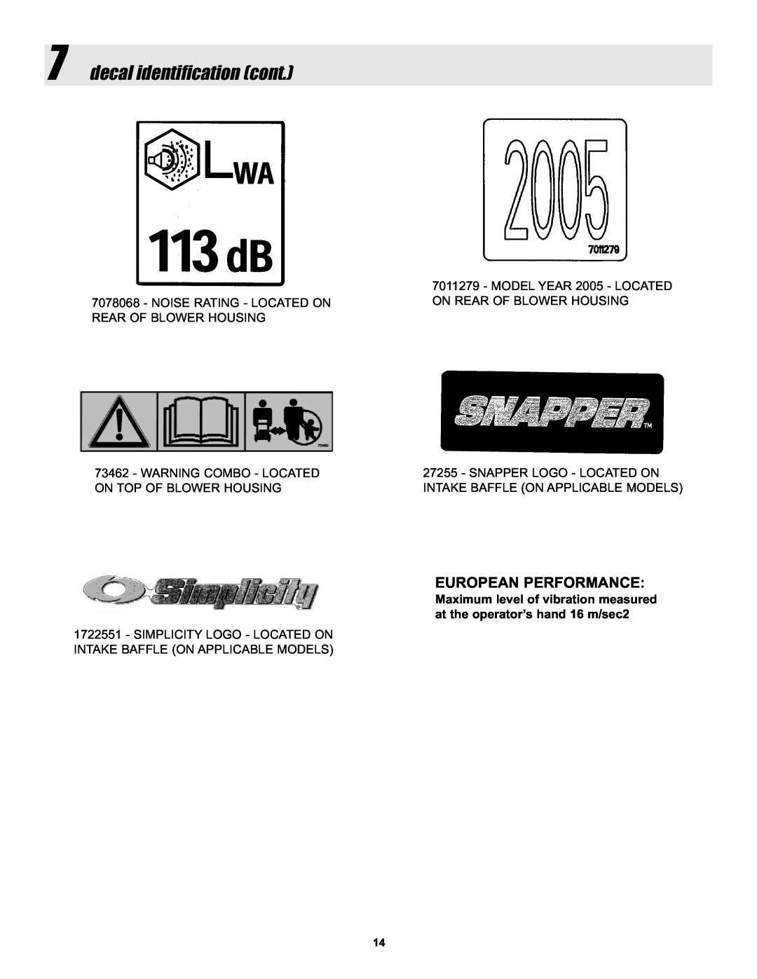 Snapper ELBC6152BV manual 7decal identification cont, European Performance 