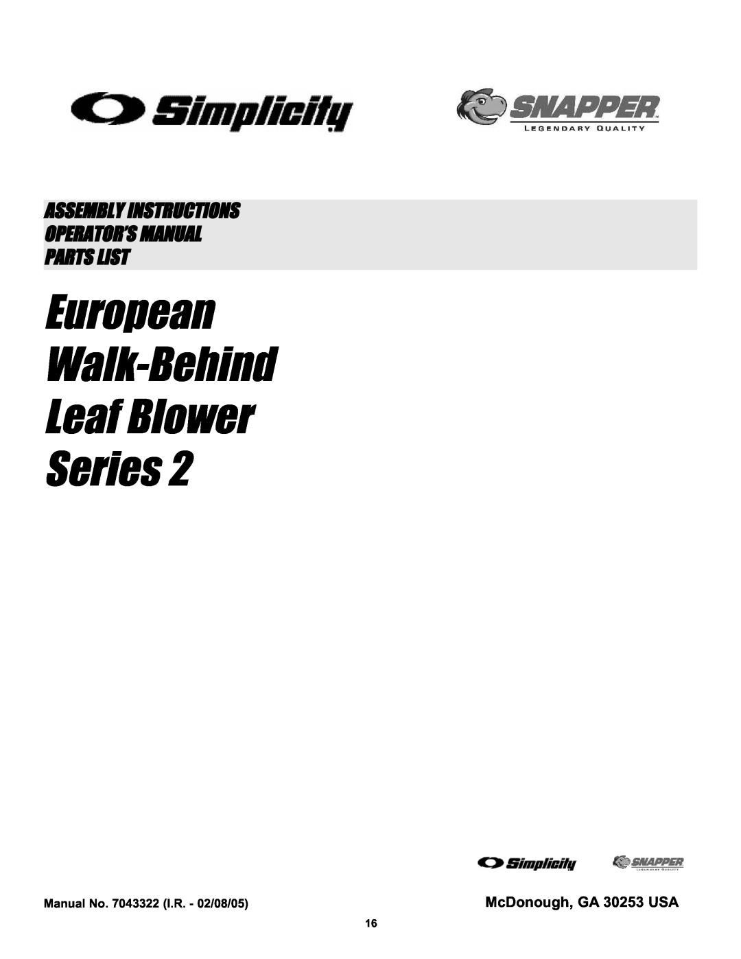Snapper ELBC6152BV manual McDonough, GA 30253 USA, European Walk-Behind Leaf Blower Series, Parts List 