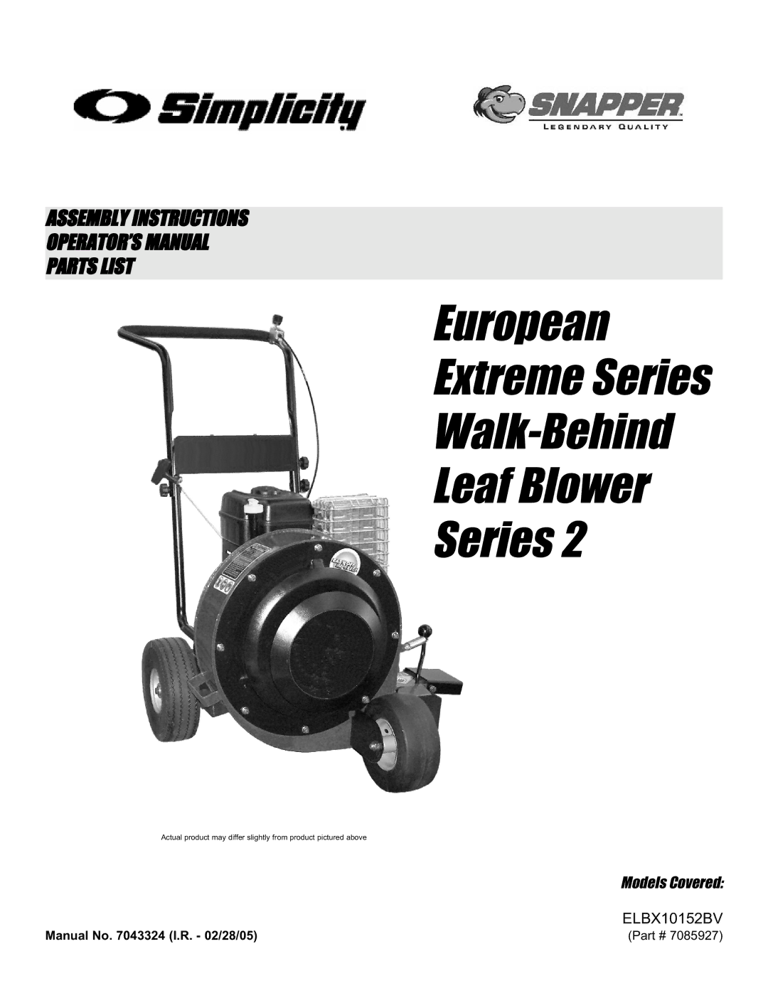 Snapper ELBX10152BV manual European Extreme Series Walk-Behind Leaf Blower 