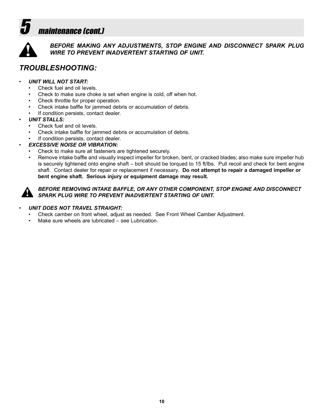 Snapper ELBX10152BV manual Troubleshooting, Unit will not Start 