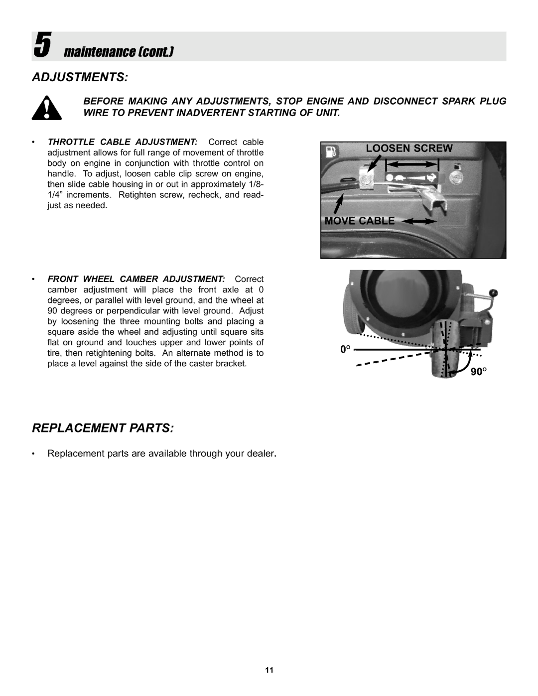 Snapper ELBX10152BV manual Adjustments, Replacement Parts 