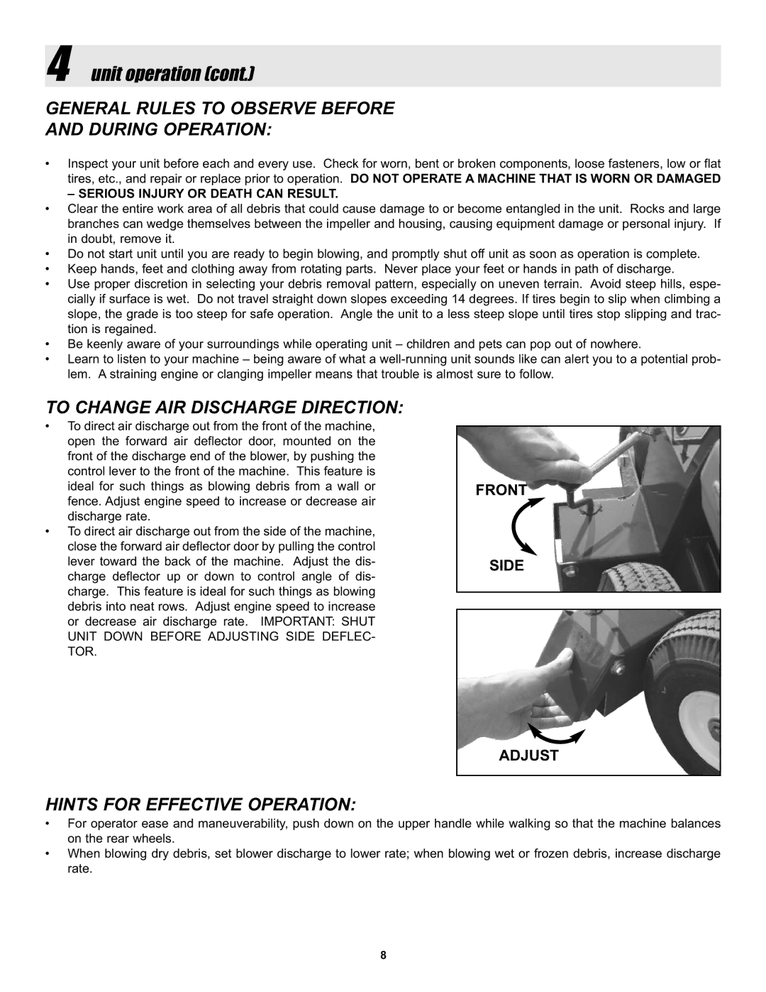 Snapper ELBX10152BV manual General Rules to Observe Before During Operation, To Change AIR Discharge Direction 