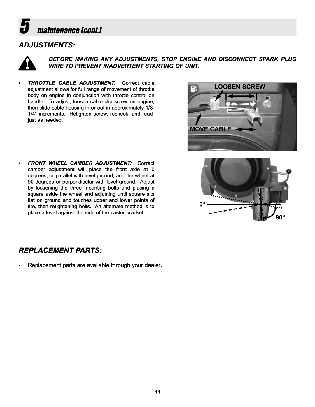Snapper ELBX10152BV manual maintenance cont, Adjustments, Replacement Parts, Loosen Screw Move Cable 