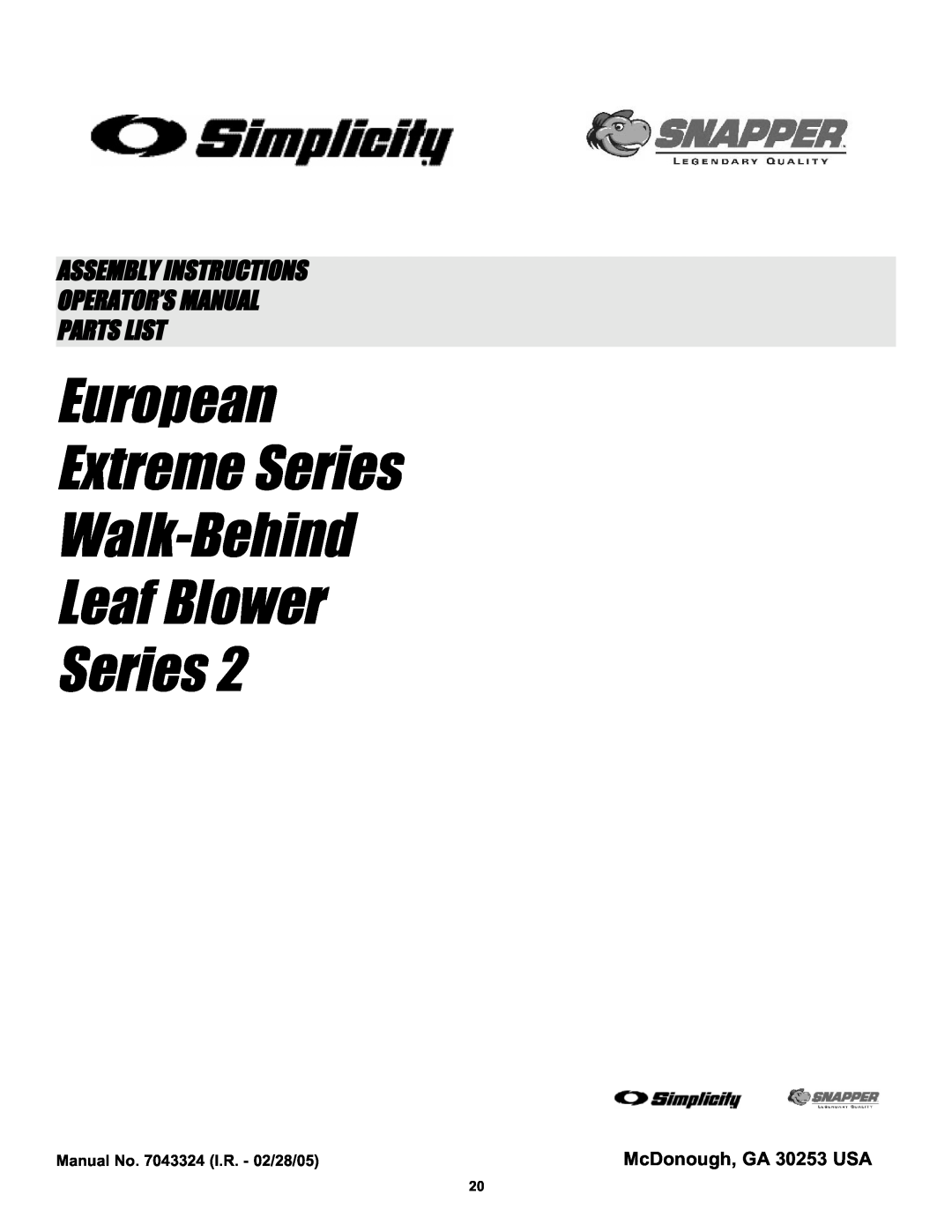Snapper ELBX10152BV manual McDonough, GA 30253 USA, European Extreme Series Walk-Behind Leaf Blower Series 