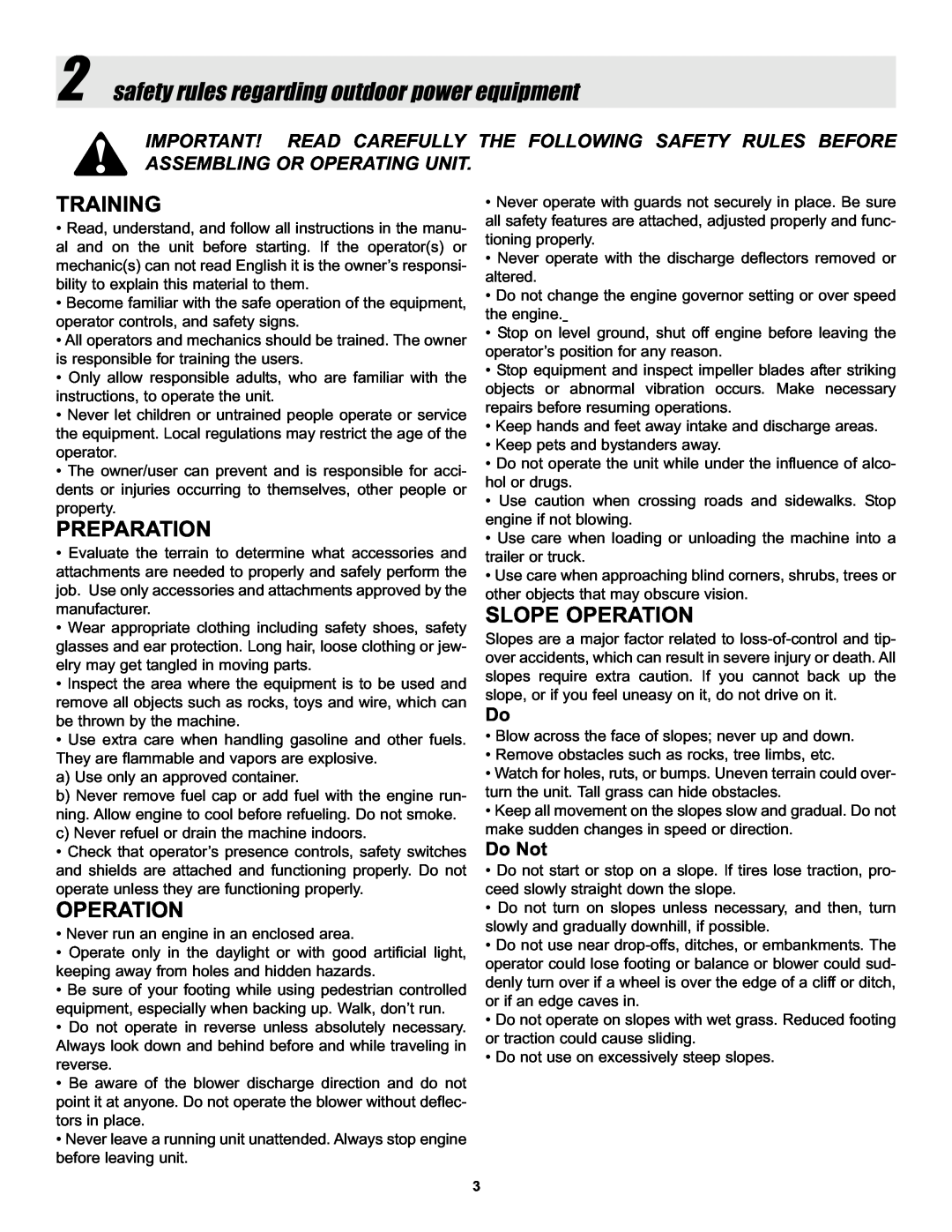 Snapper ELBX10152BV safety rules regarding outdoor power equipment, Training, Preparation, Slope Operation, Do Not 