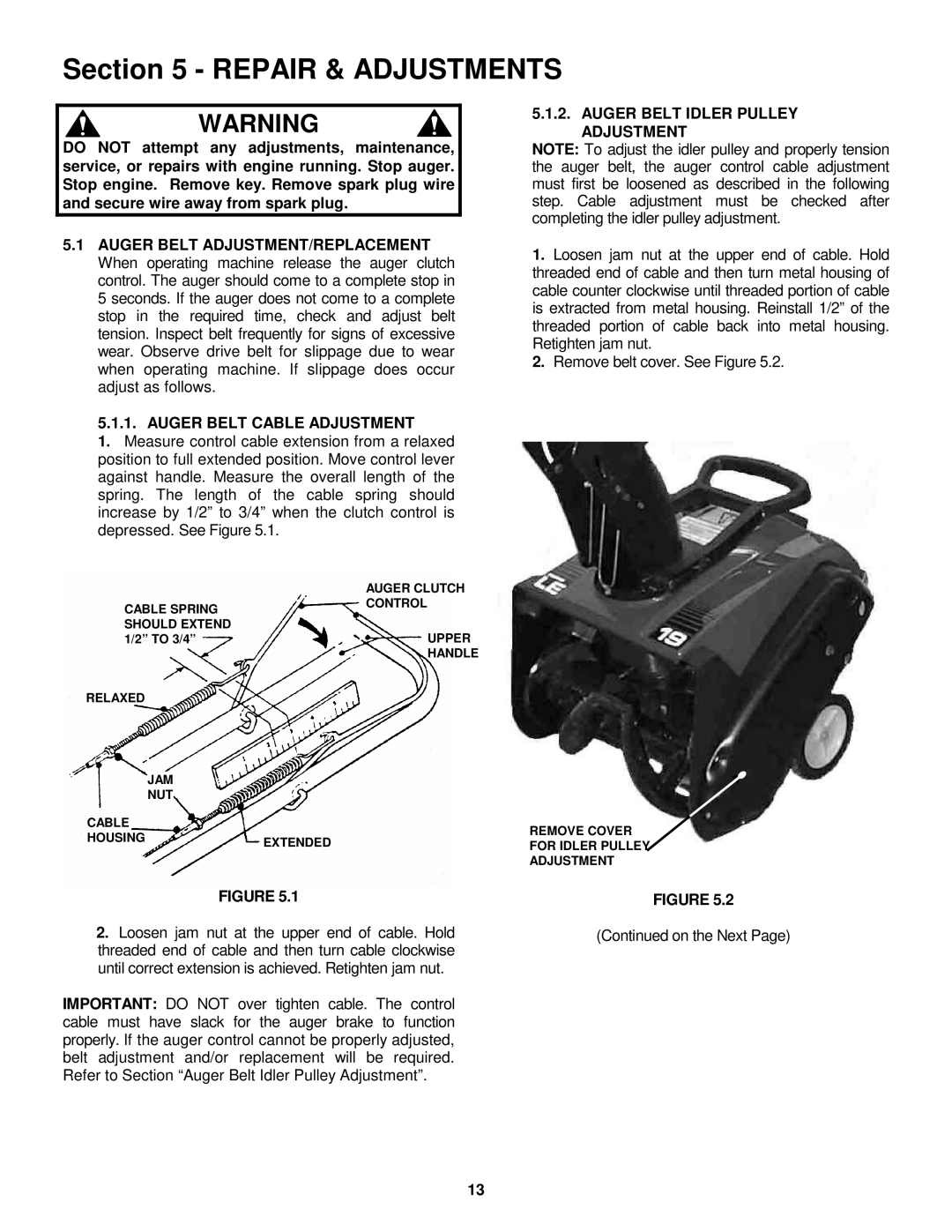 Snapper ELE3190R Repair & Adjustments, Auger Belt Cable Adjustment, Auger Belt Idler Pulley Adjustment 