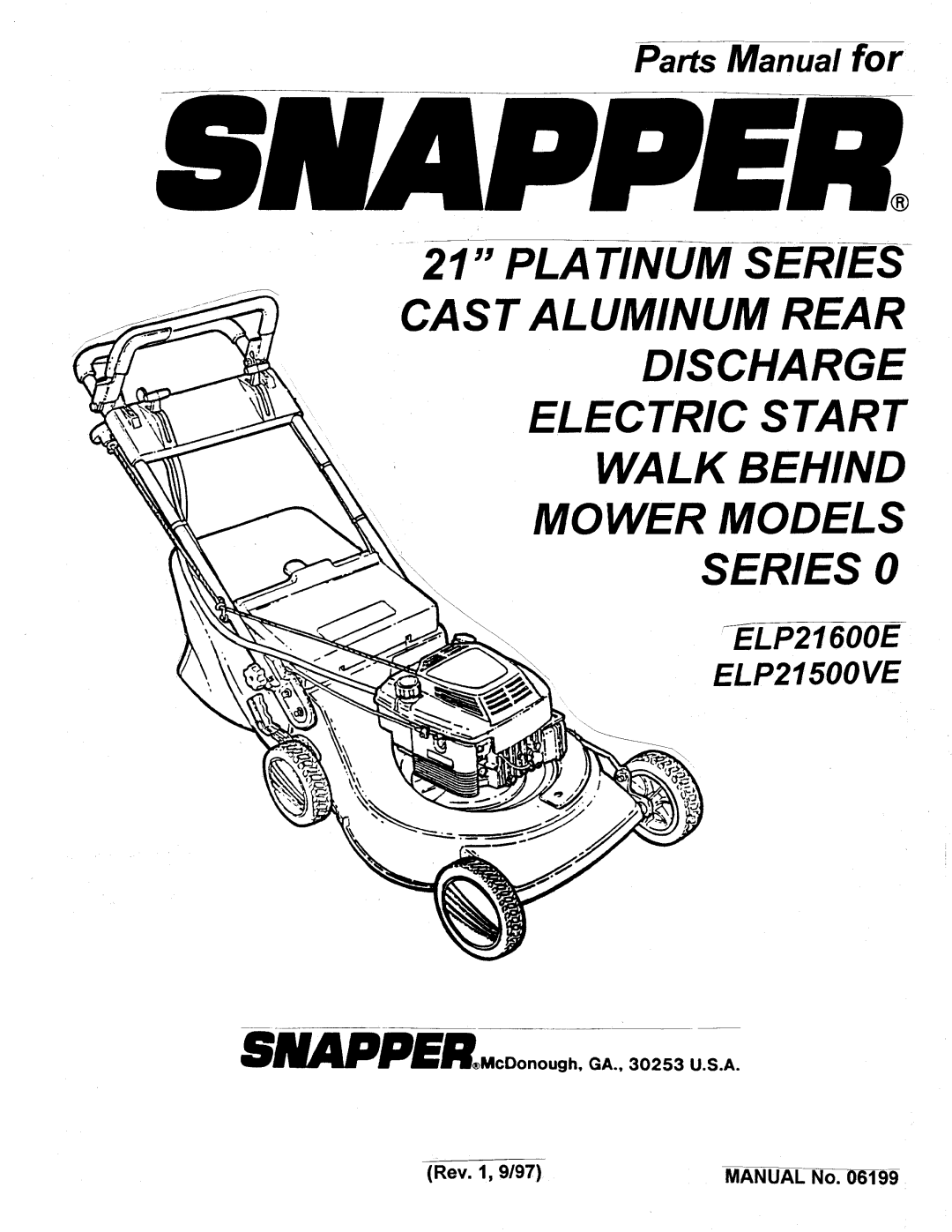 Snapper ELP21500VE, ELP21600E manual 
