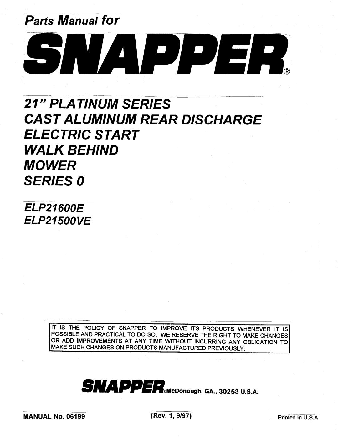 Snapper ELP21600E, ELP21500VE manual 
