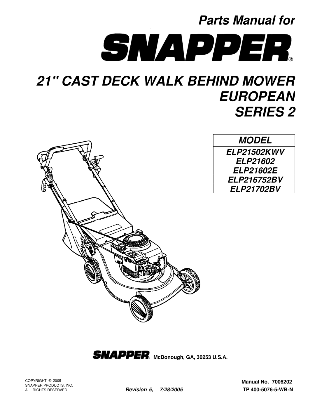 Snapper ELP21502KWV, ELP21602E manual Cast Deck Walk Behind Mower European Series 