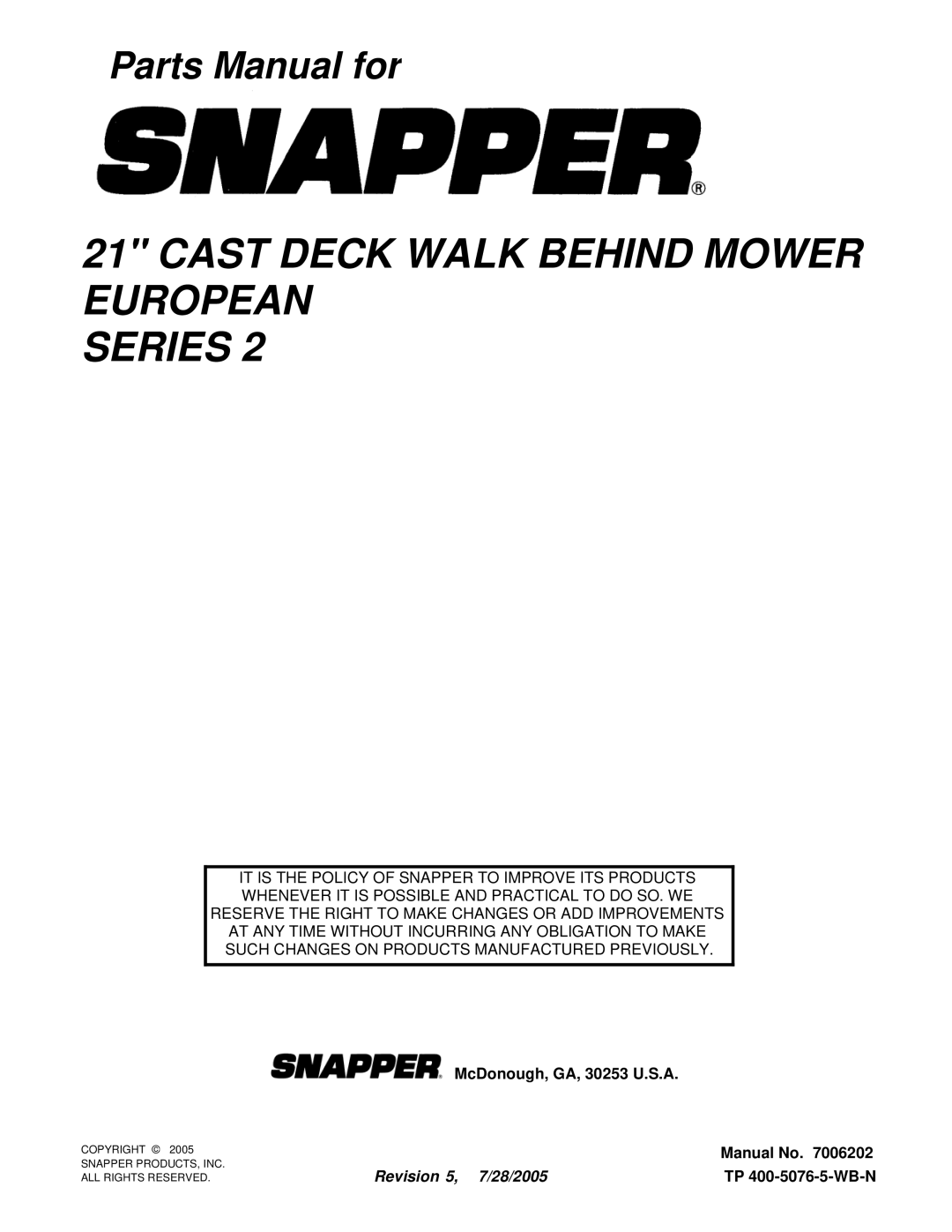 Snapper ELP21502KWV, ELP21602E manual Cast Deck Walk Behind Mower European Series 