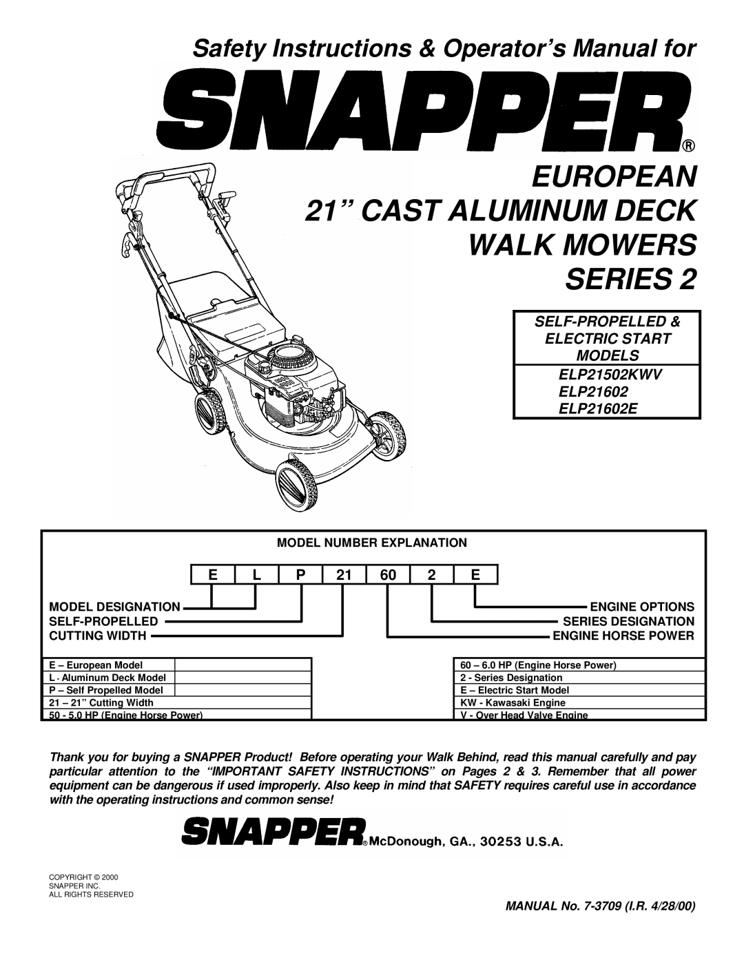 Snapper ELP21502KWV, ELP21602, ELP21602E important safety instructions European 21 Cast Aluminum Deck Walk Mowers Series 