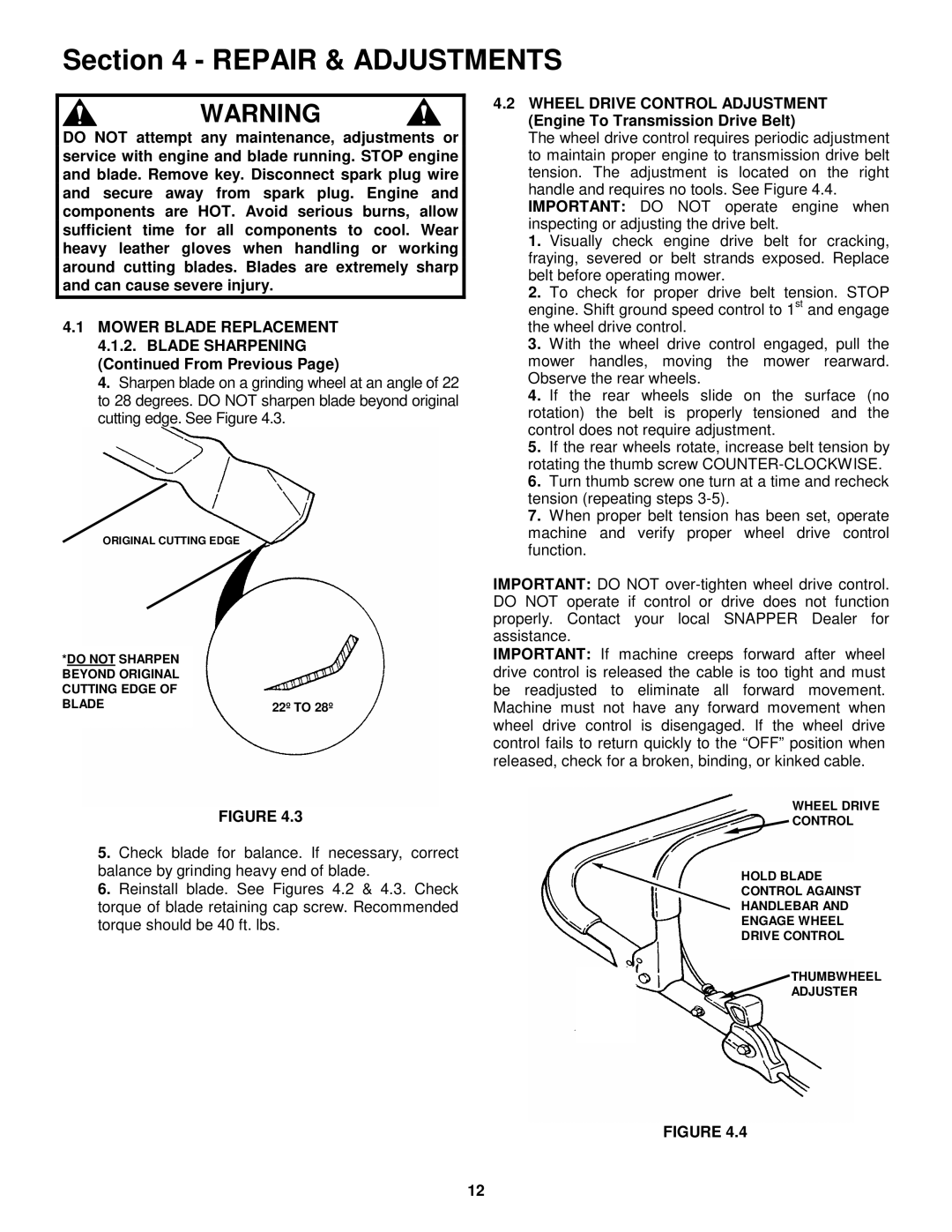 Snapper ELP21602, ELP2150KWV, ELP21602E important safety instructions Do not Sharpen Beyond Original Cutting Edge Blade 