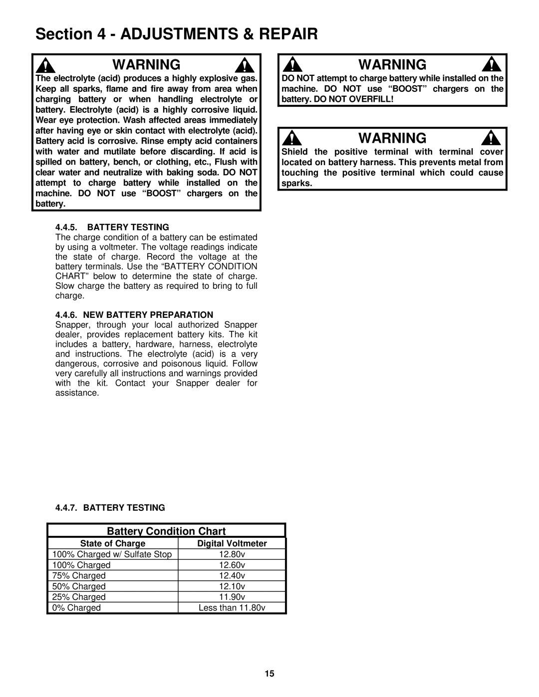 Snapper ELP21602, ELP2150KWV, ELP21602E Battery Testing, NEW Battery Preparation, State of Charge Digital Voltmeter 