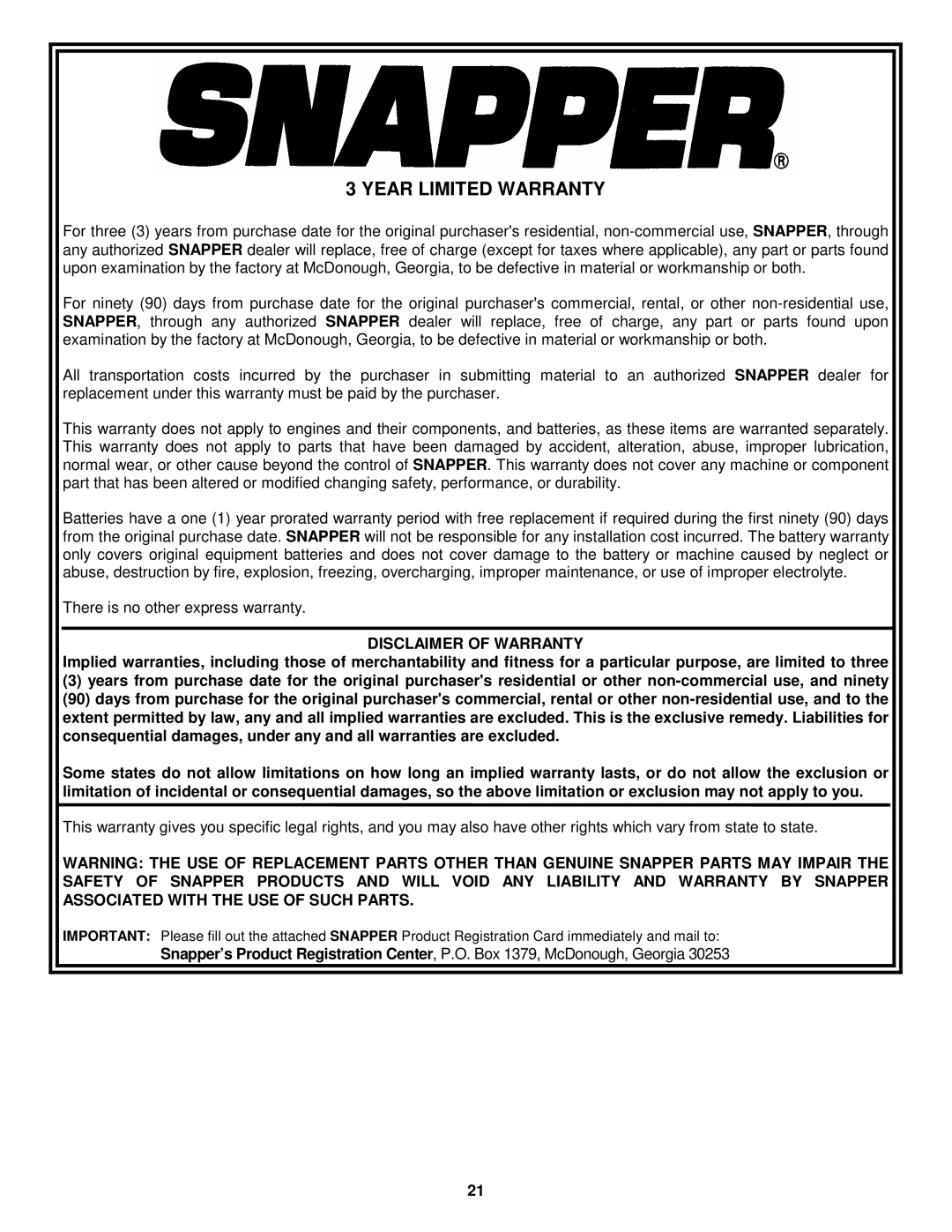 Snapper ELP21602, ELP2150KWV, ELP21602E, ELP21502KWV, ELP21602, ELP21602E Year Limited Warranty, Disclaimer of Warranty 