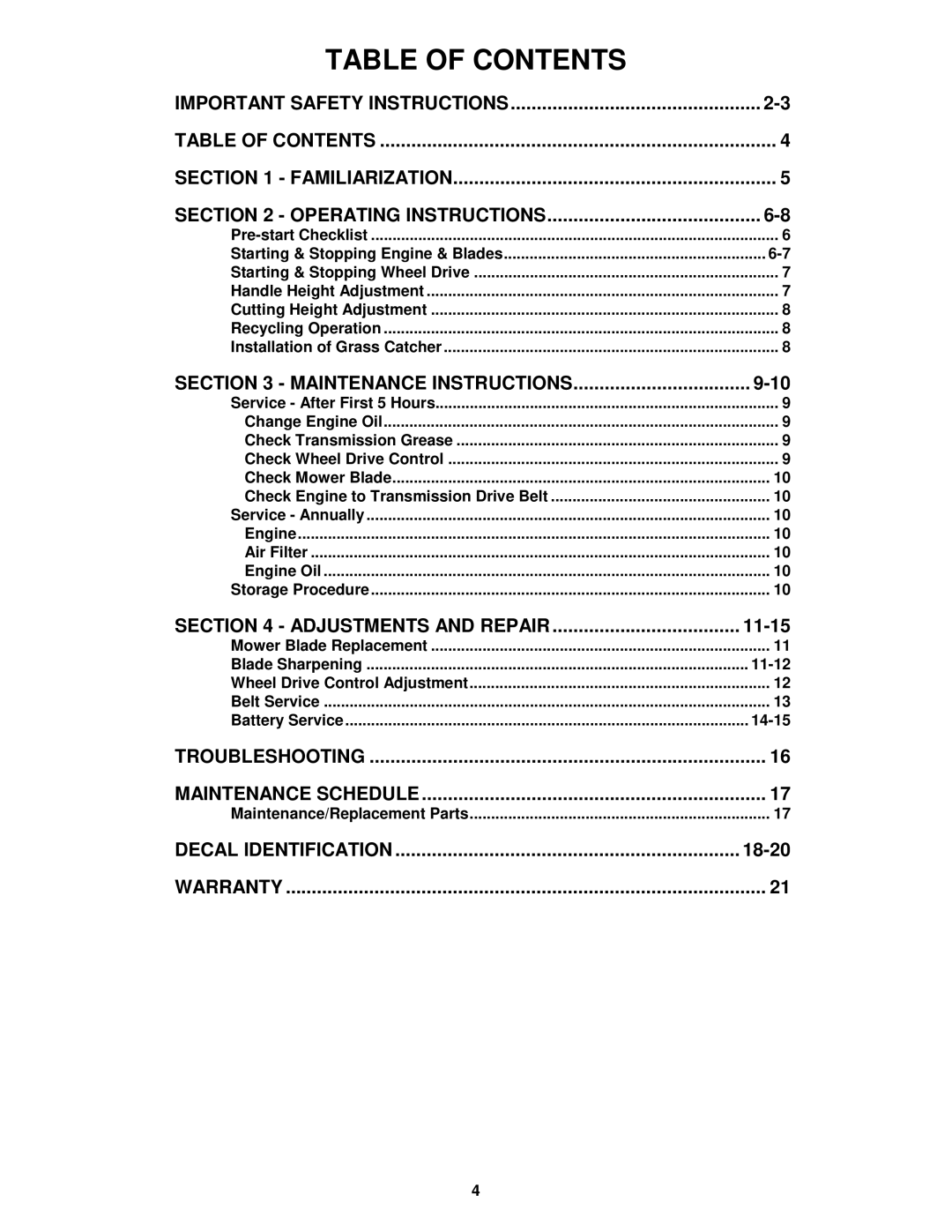 Snapper ELP21502KWV, ELP21602, ELP21602E, ELP21602, ELP2150KWV, ELP21602E important safety instructions Table of Contents 