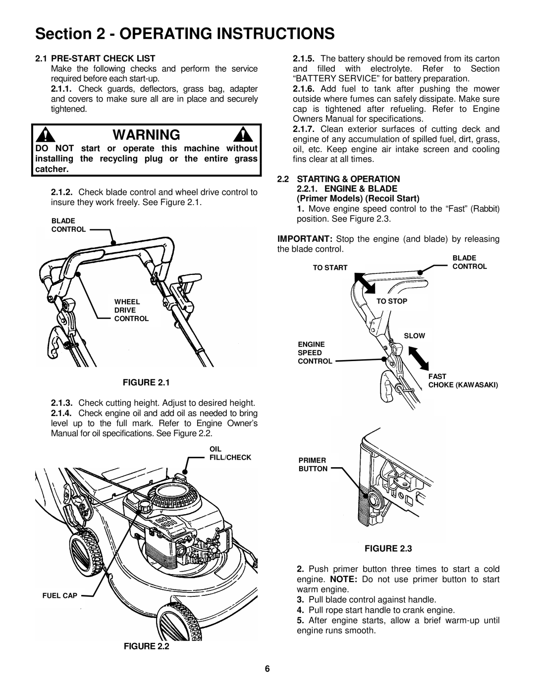 Snapper ELP21602, ELP2150KWV, ELP21602E Operating Instructions, PRE-START Check List, Primer Models Recoil Start 