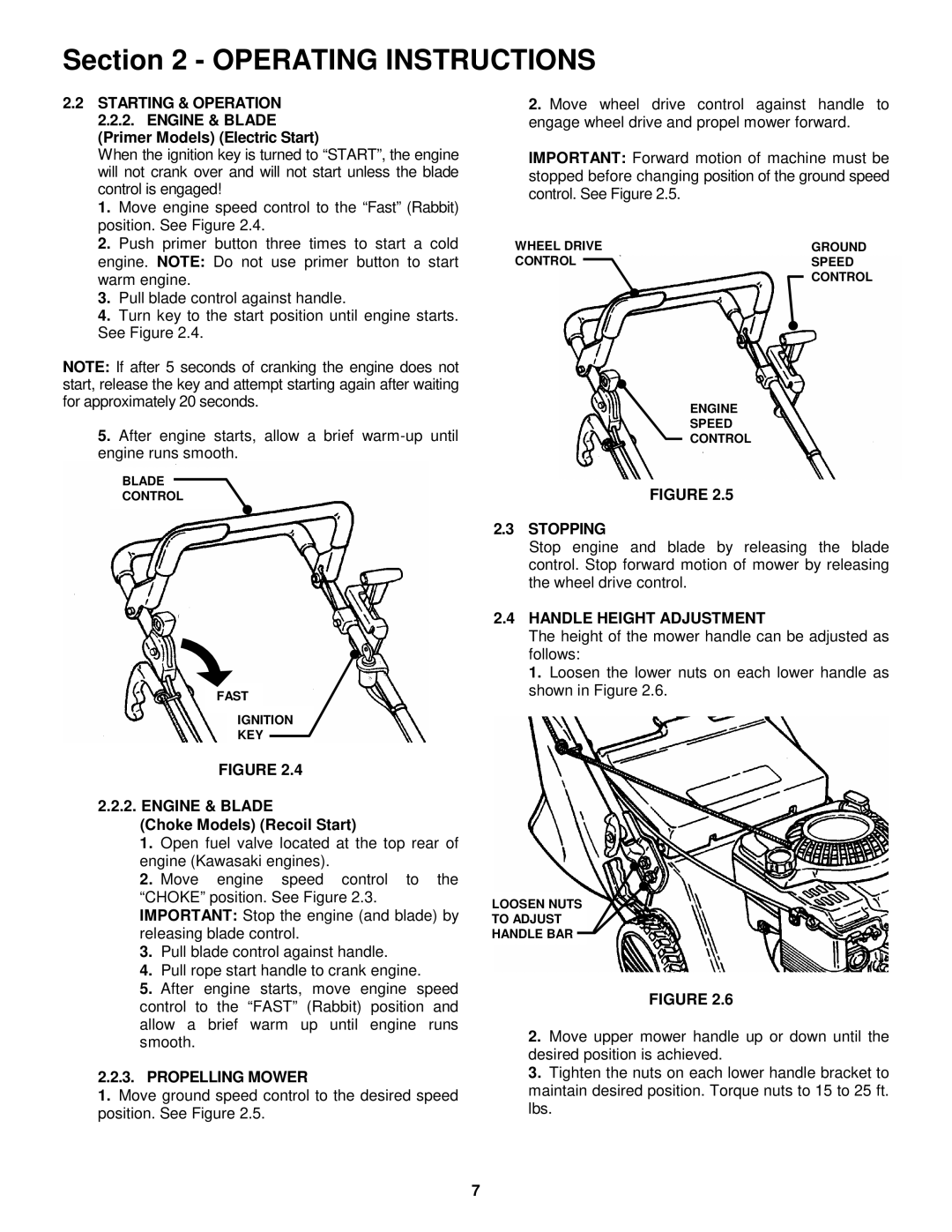 Snapper ELP21502KWV, ELP21602, ELP21602E Engine & Blade, Choke Models Recoil Start, Propelling Mower, Stopping 