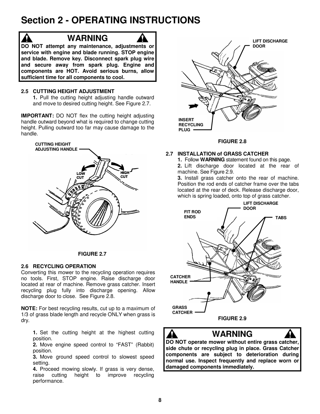 Snapper ELP21602E, ELP21502KWV, ELP21602 Cutting Height Adjustment, Recycling Operation, Installation of Grass Catcher 