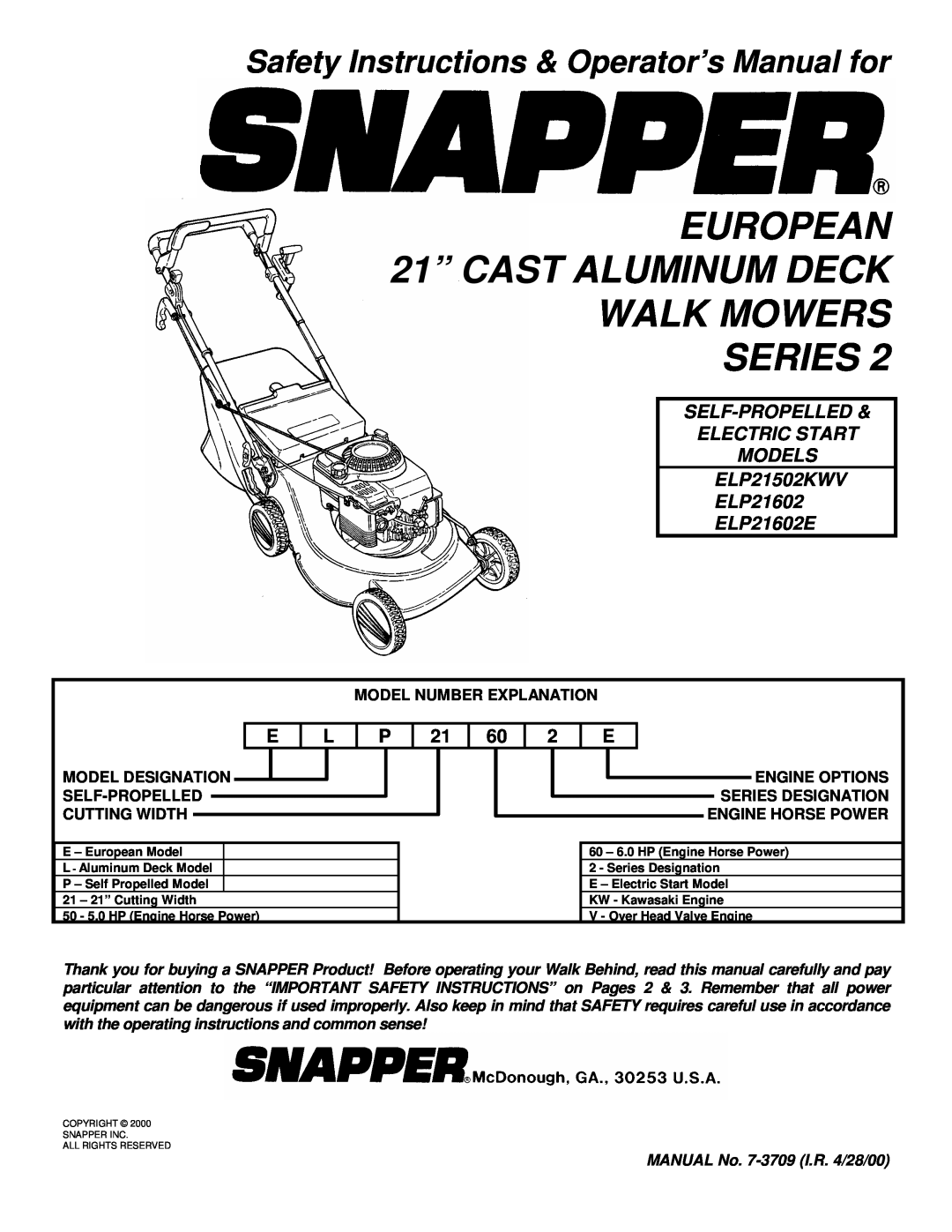 Snapper ELP21502KWV, ELP21602, ELP21602E important safety instructions Safety Instructions & Operator’s Manual for 