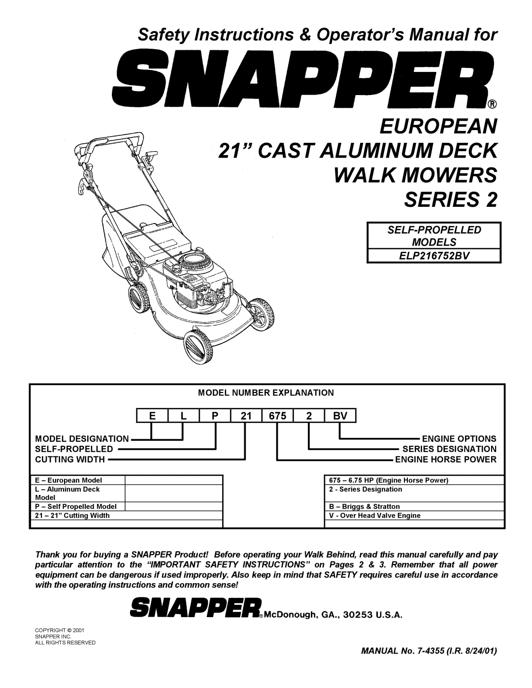 Snapper ELP216752BV important safety instructions European 21 Cast Aluminum Deck Walk Mowers Series 