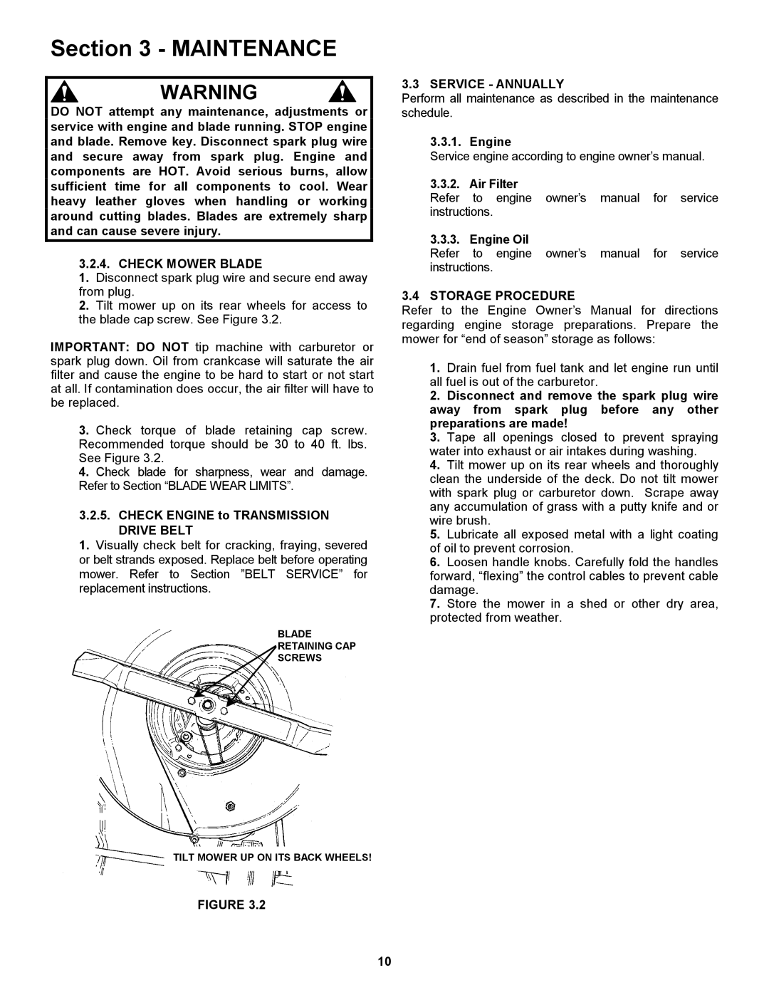 Snapper ELP216752BV Check Mower Blade, Check Engine to Transmission Drive Belt, Service Annually, Storage Procedure 