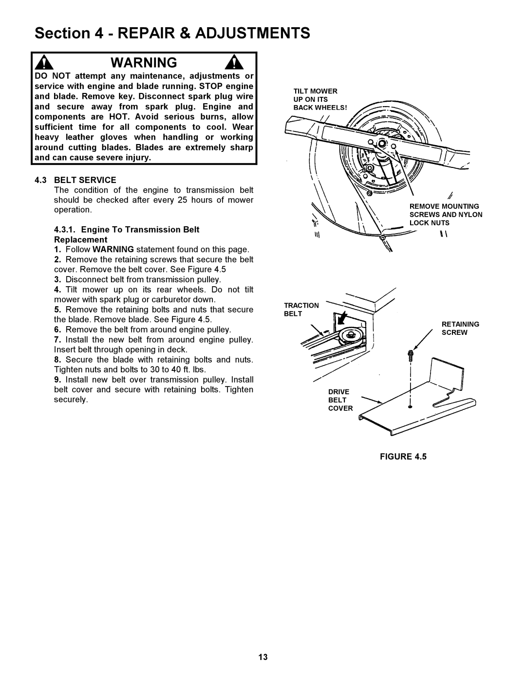 Snapper ELP216752BV important safety instructions Belt Service, Engine To Transmission Belt Replacement 