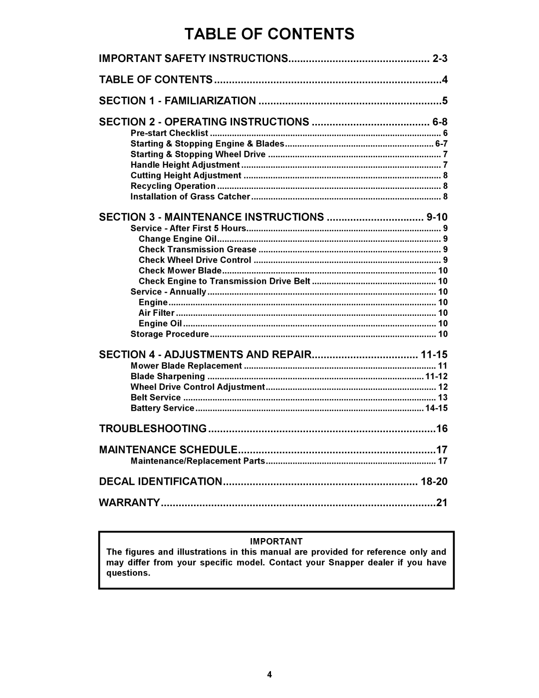 Snapper ELP216752BV important safety instructions Table of Contents 