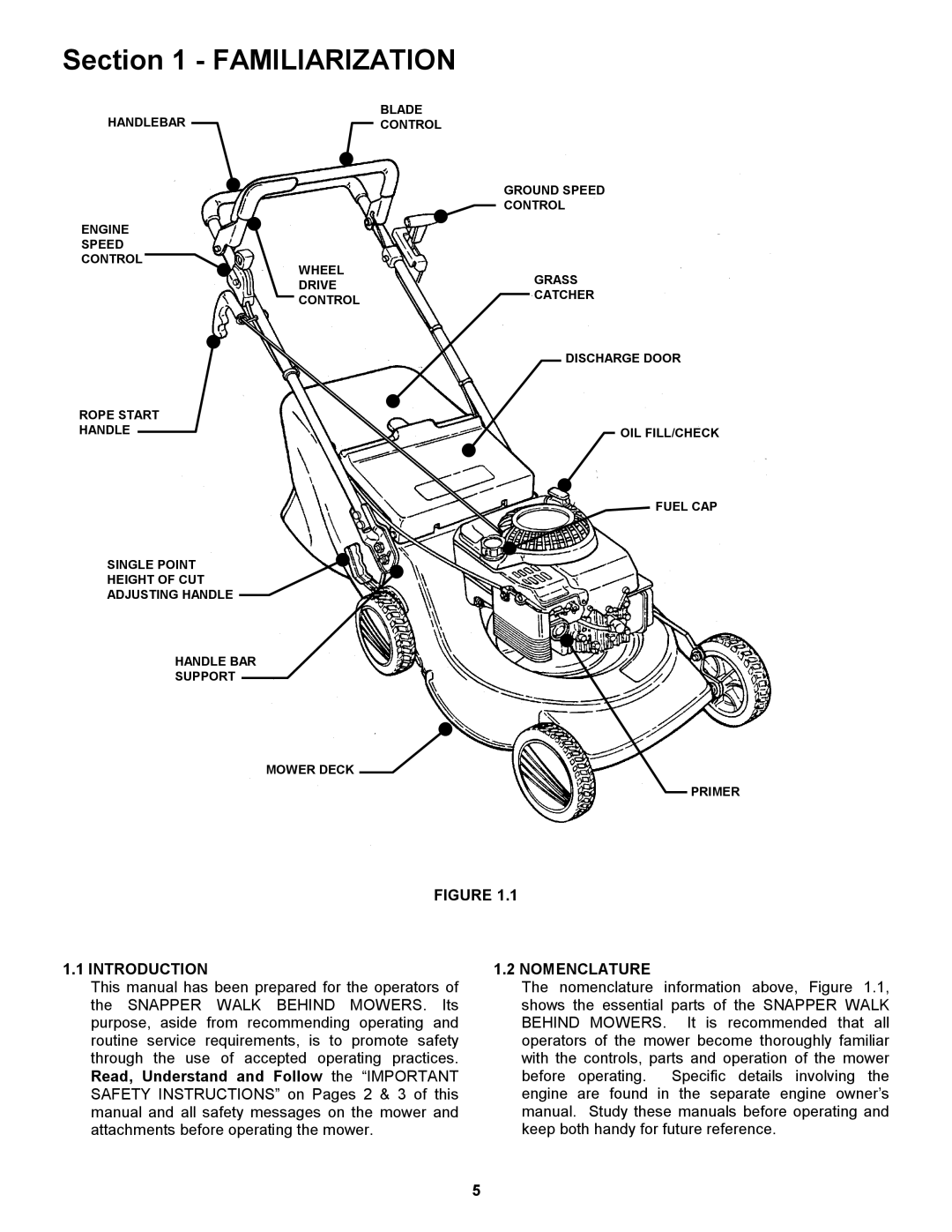 Snapper ELP216752BV important safety instructions Familiarization, Introduction, Nomenclature 