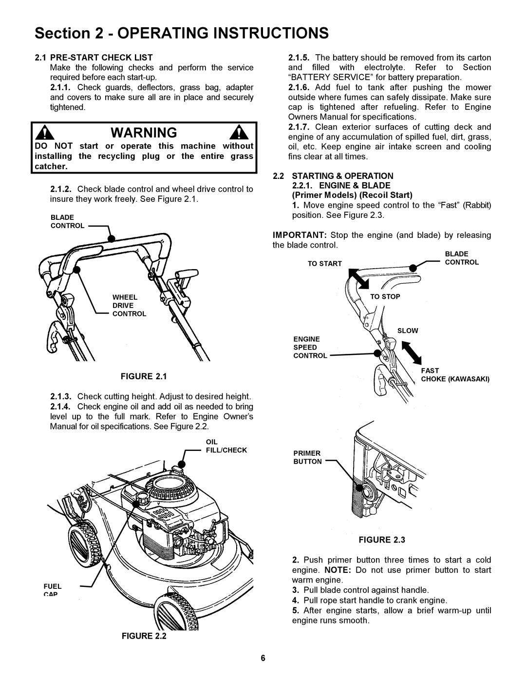 Snapper ELP216752BV Operating Instructions, PRE-START Check List, Starting & Operation 2.2.1. Engine & Blade 