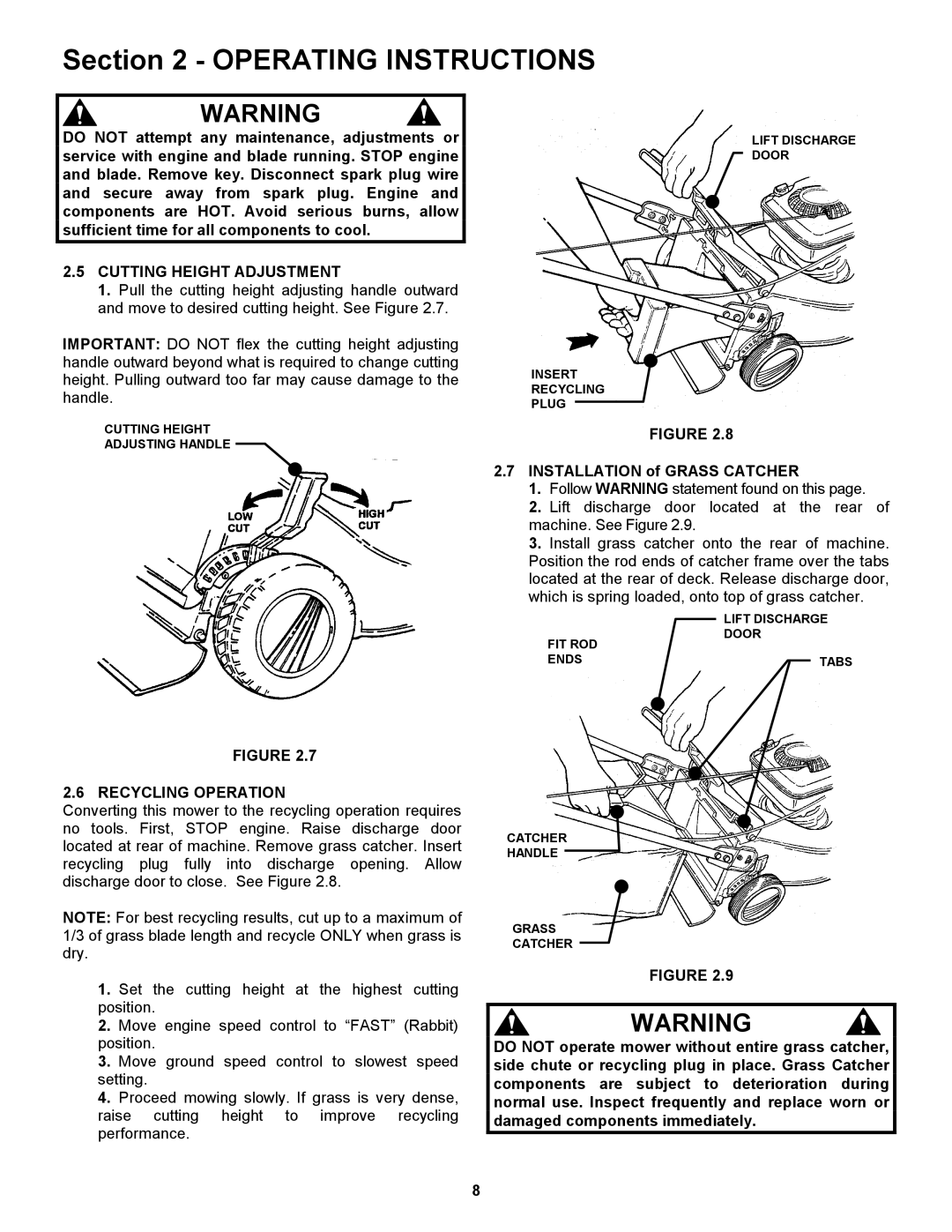 Snapper ELP216752BV Cutting Height Adjustment, Recycling Operation, Installation of Grass Catcher 