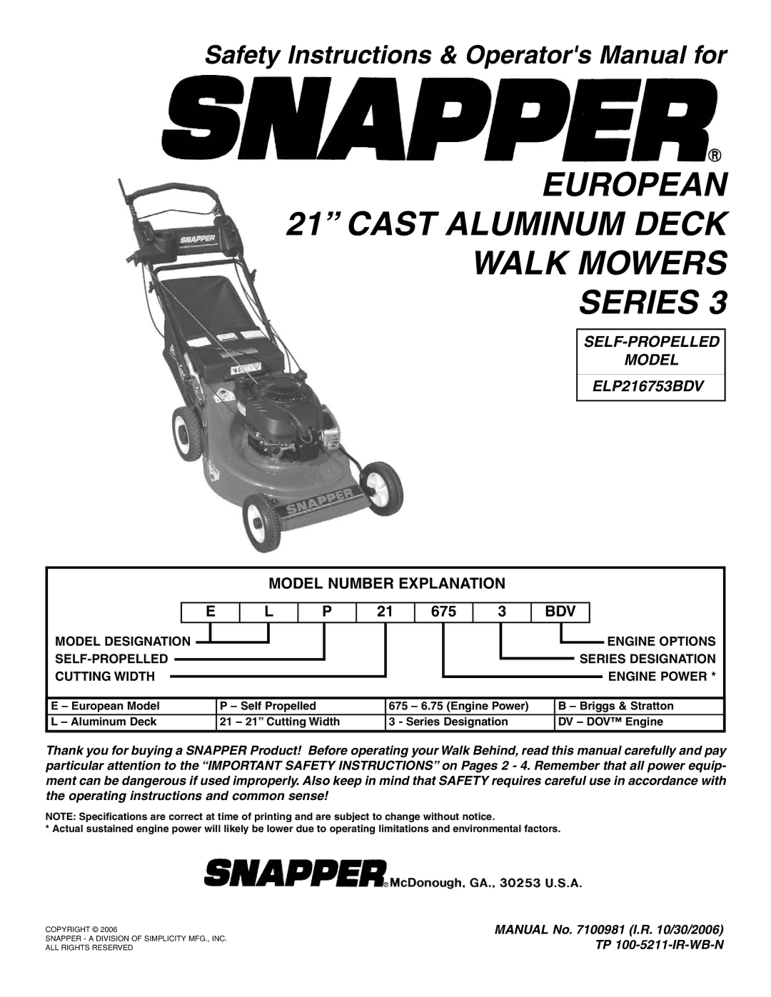 Snapper ELP216753BDV specifications Model Number Explanation, Bdv 