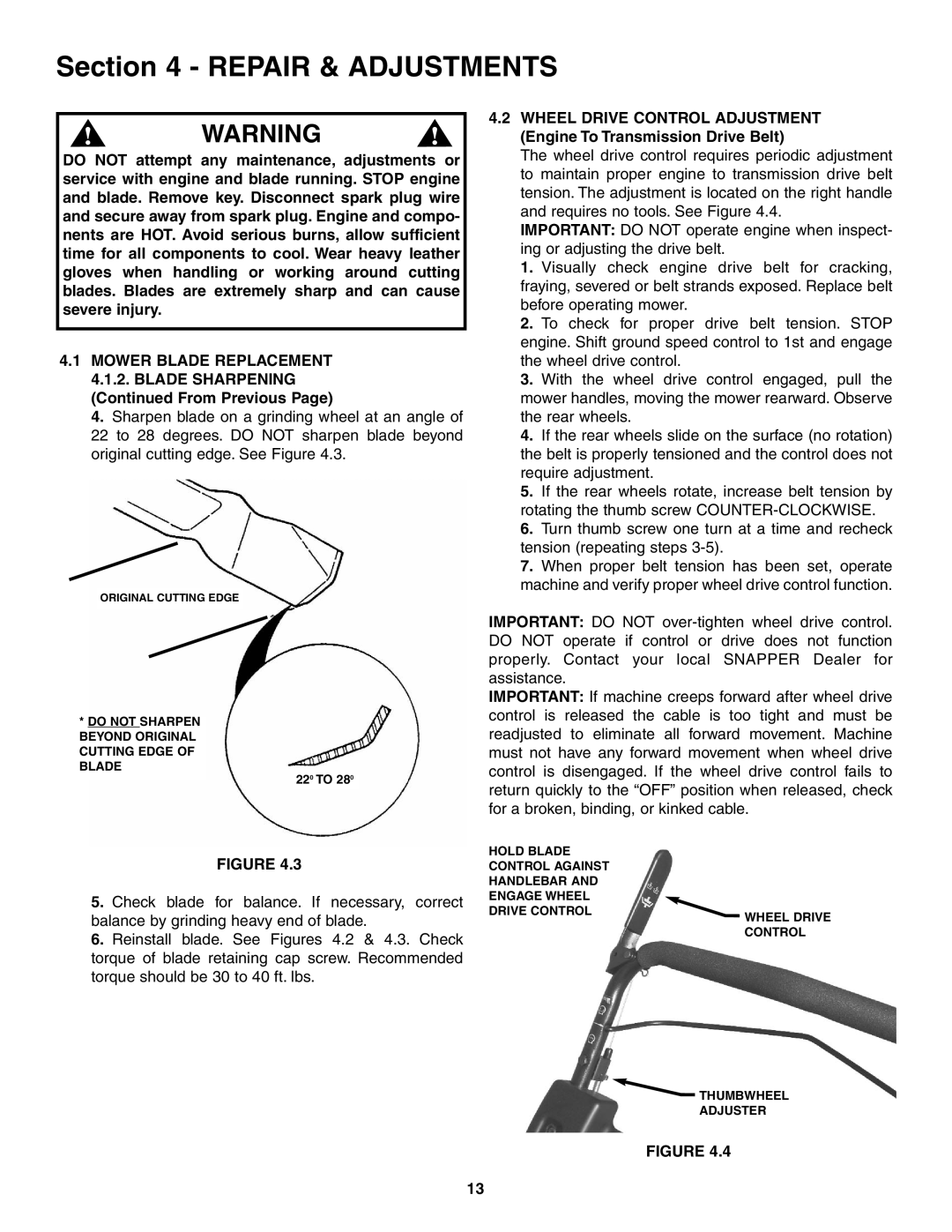 Snapper ELP216753BDV specifications Do not Sharpen Beyond Original Cutting Edge of Blade 