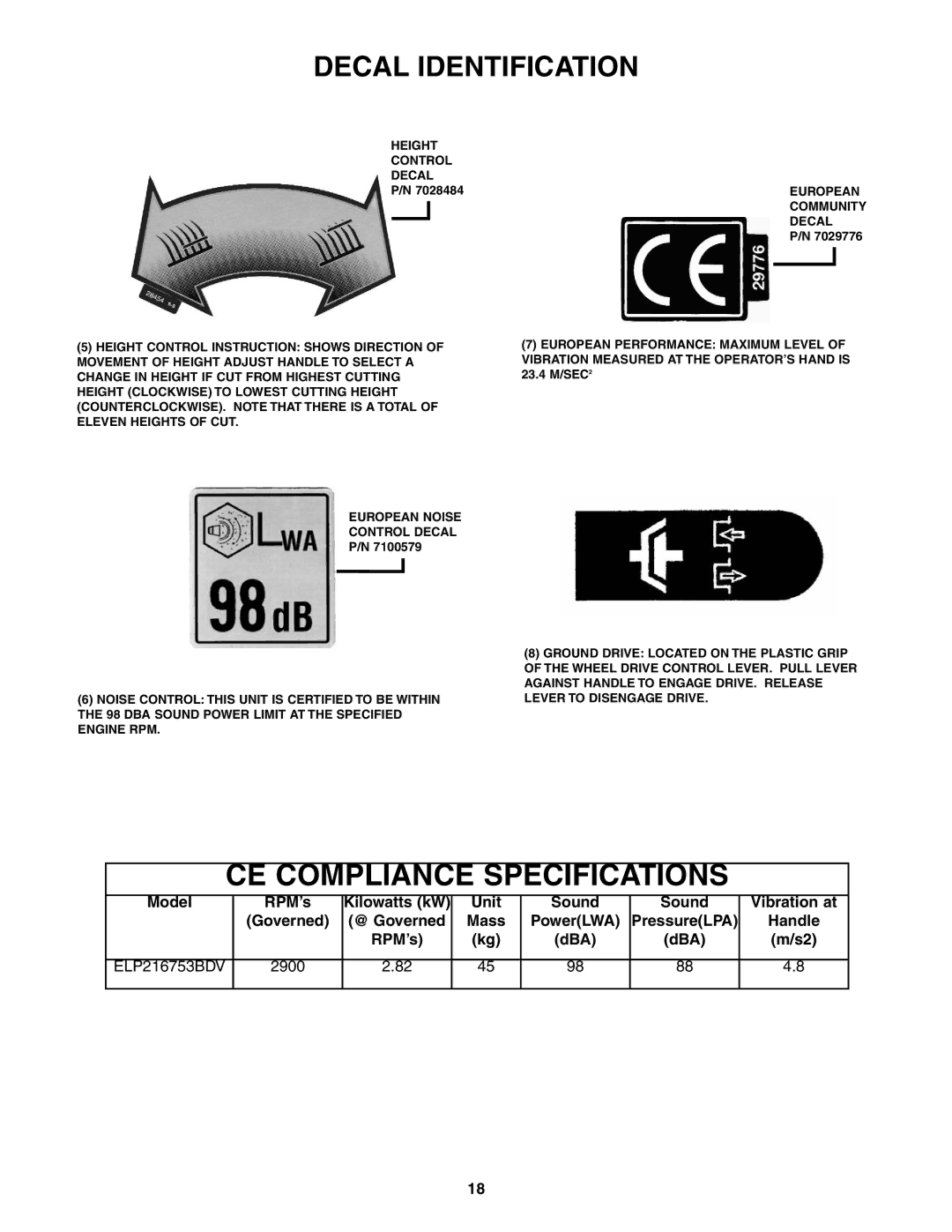 Snapper ELP216753BDV specifications CE Compliance Specifications 