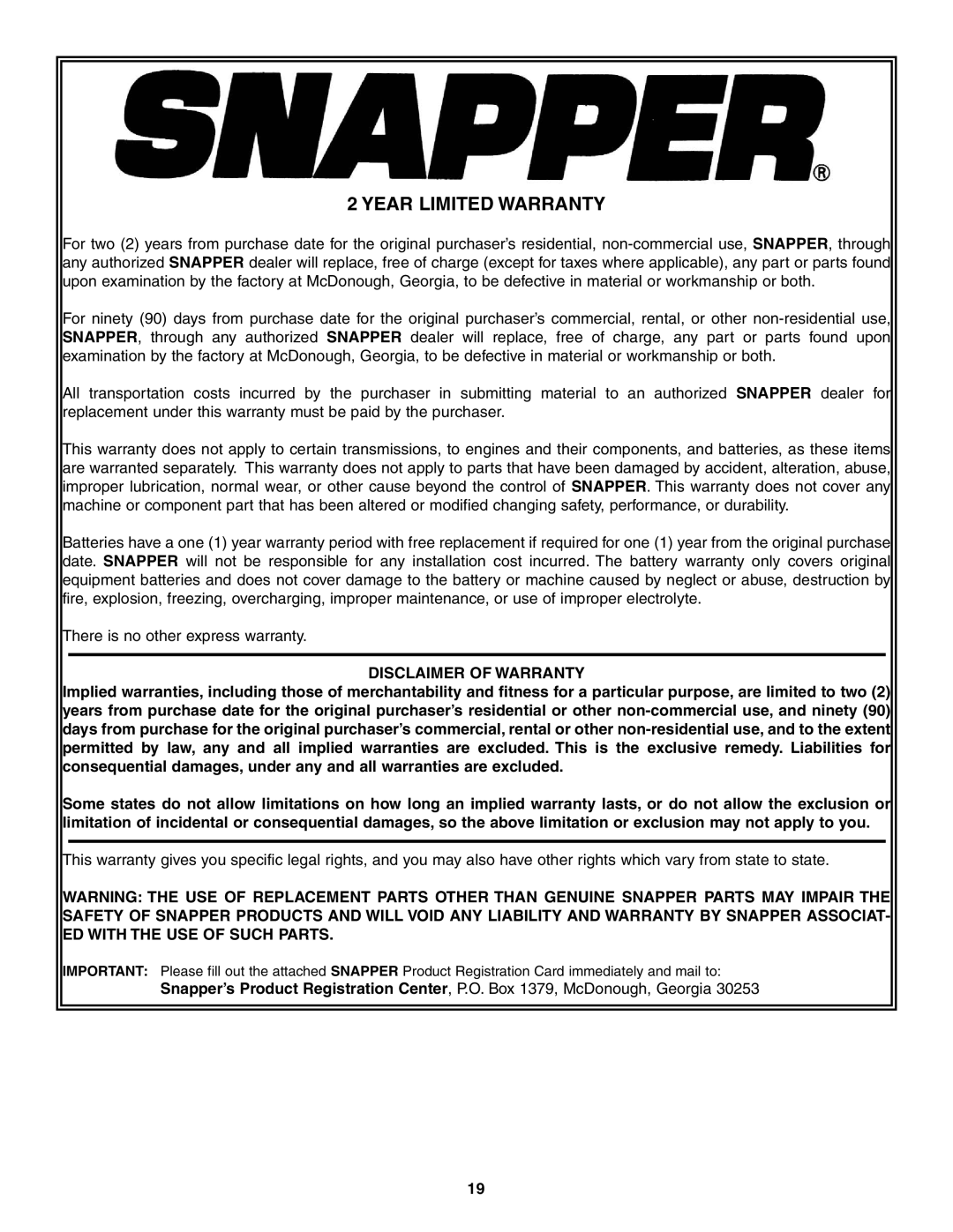 Snapper ELP216753BDV specifications Year Limited Warranty, Disclaimer of Warranty 