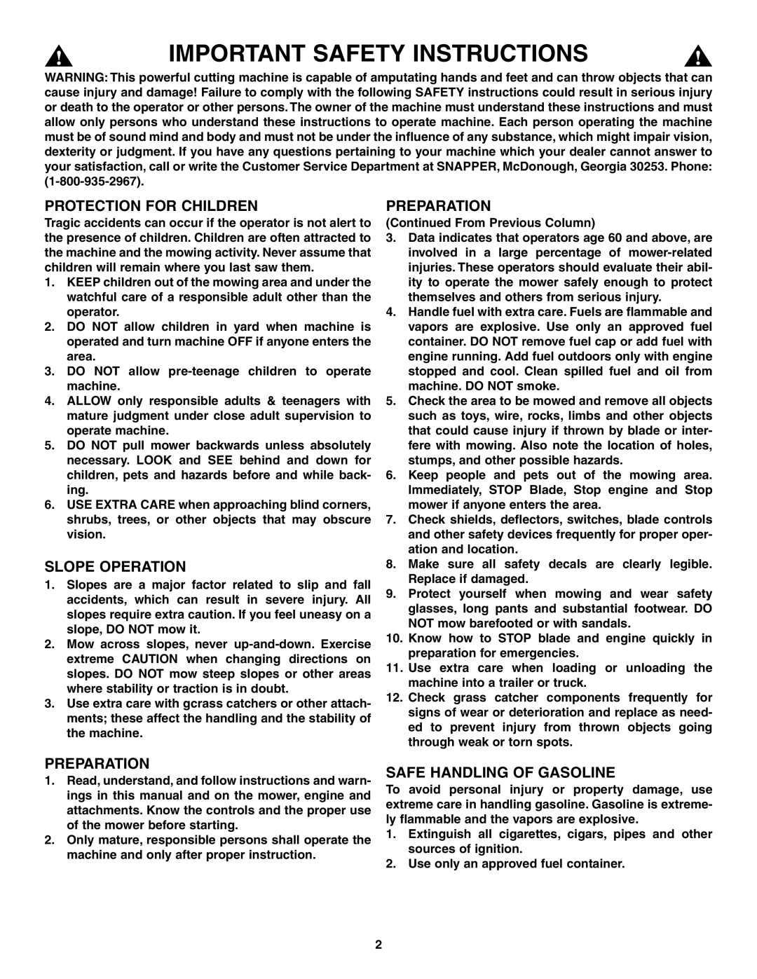 Snapper ELP216753BDV specifications Protection for Children, Slope Operation, Preparation, Safe Handling of Gasoline 