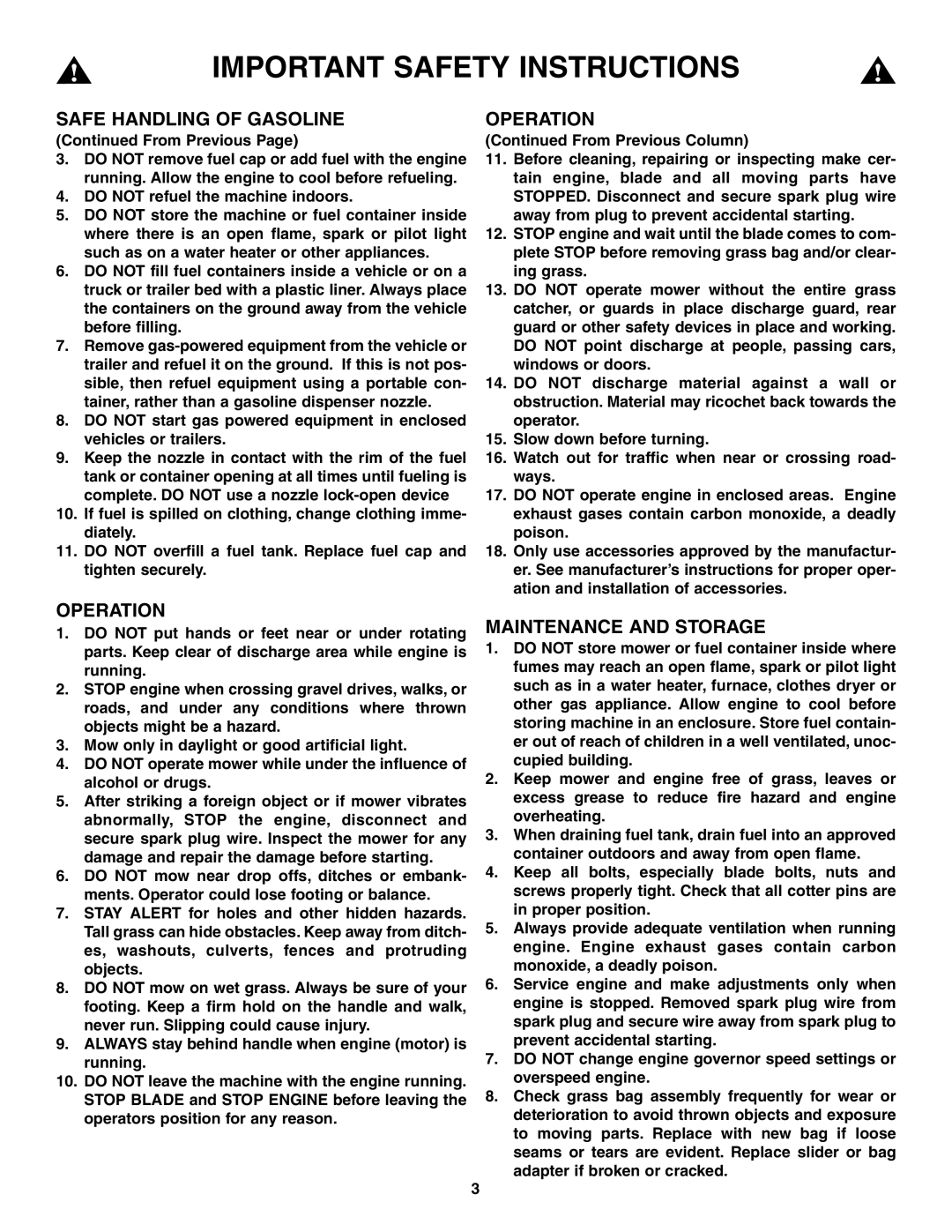 Snapper ELP216753BDV specifications Operation, Maintenance and Storage 