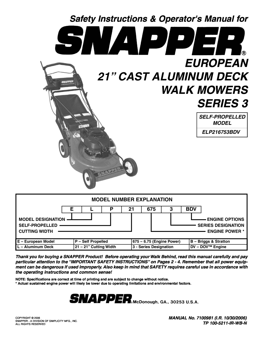 Snapper ELP216753BDV specifications EUROPEAN 21” CAST ALUMINUM DECK WALK MOWERS SERIES, Model Number Explanation 