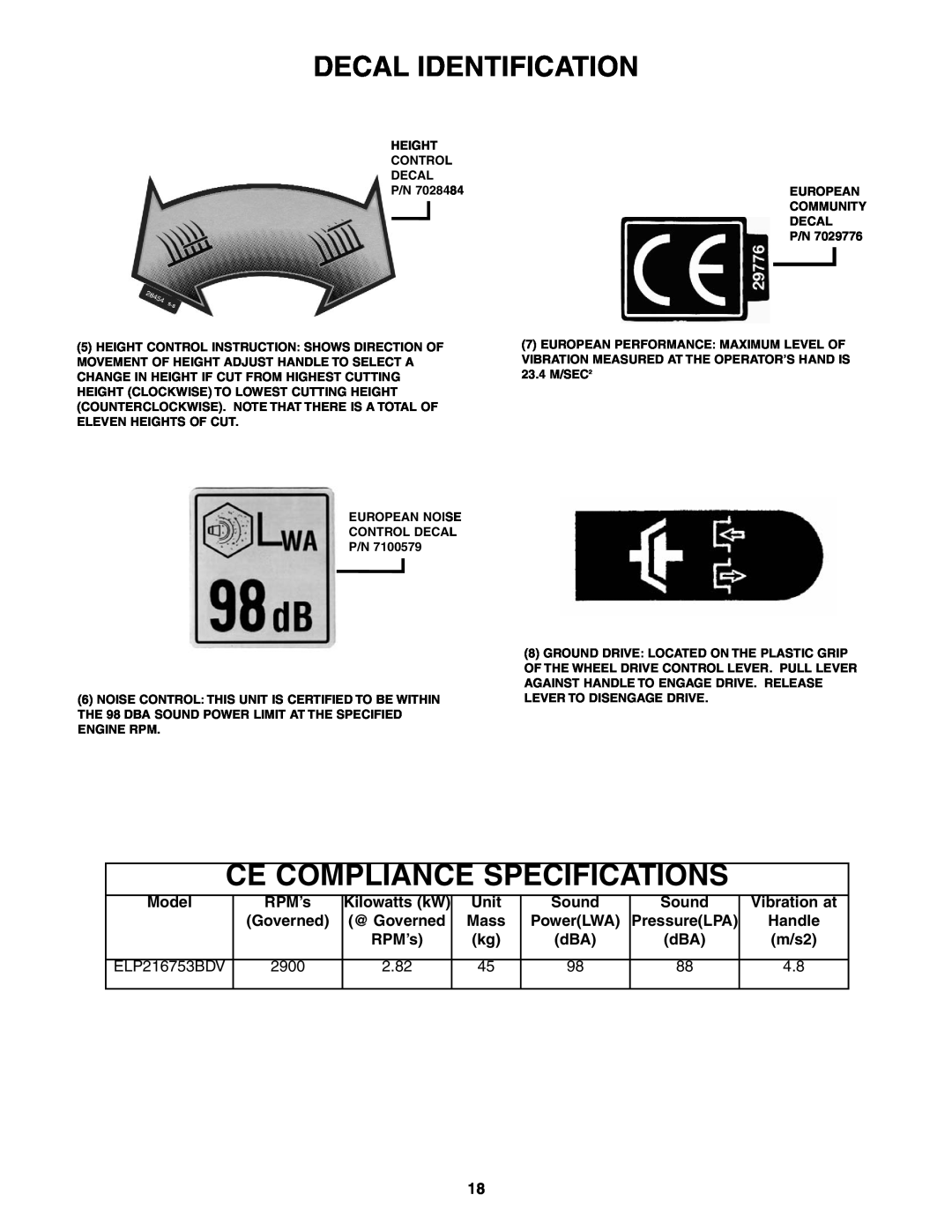 Snapper ELP216753BDV specifications Ce Compliance Specifications, Decal Identification, Vibration at, PowerLWA 