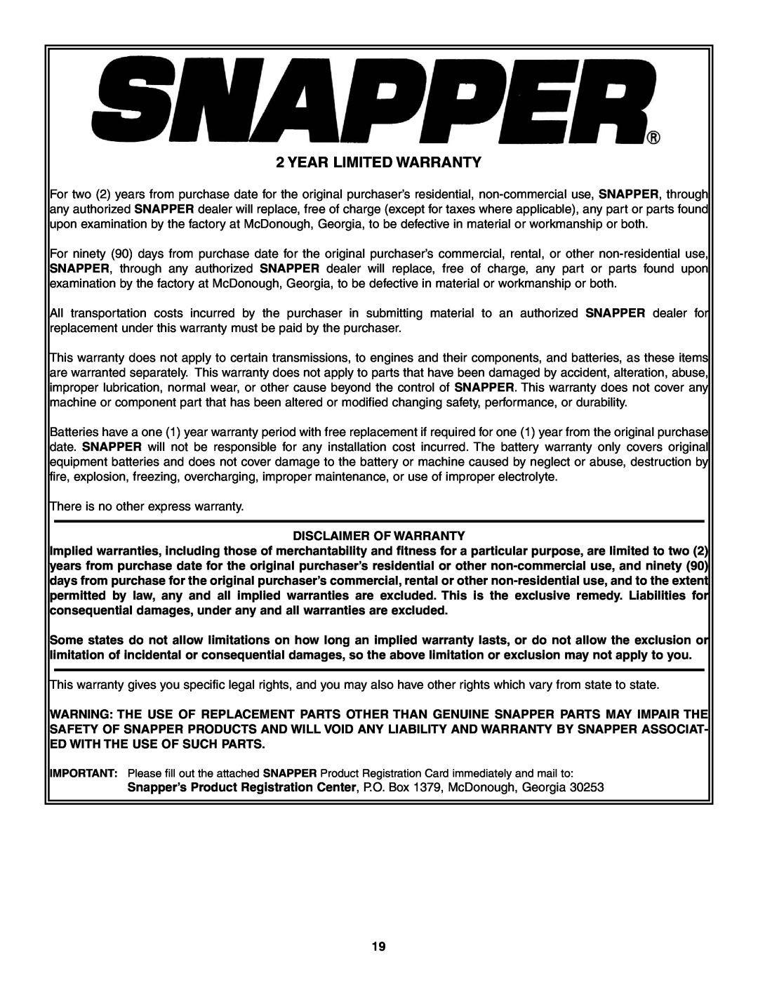 Snapper ELP216753BDV specifications Year Limited Warranty 