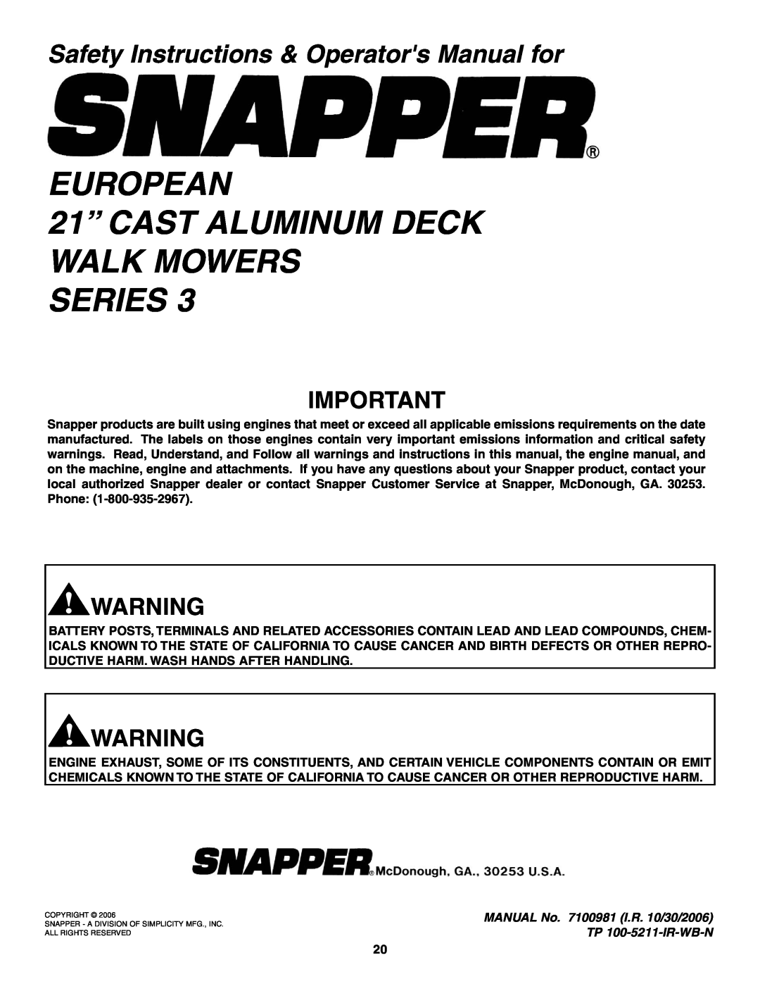 Snapper ELP216753BDV EUROPEAN 21” CAST ALUMINUM DECK WALK MOWERS SERIES, Safety Instructions & Operators Manual for 