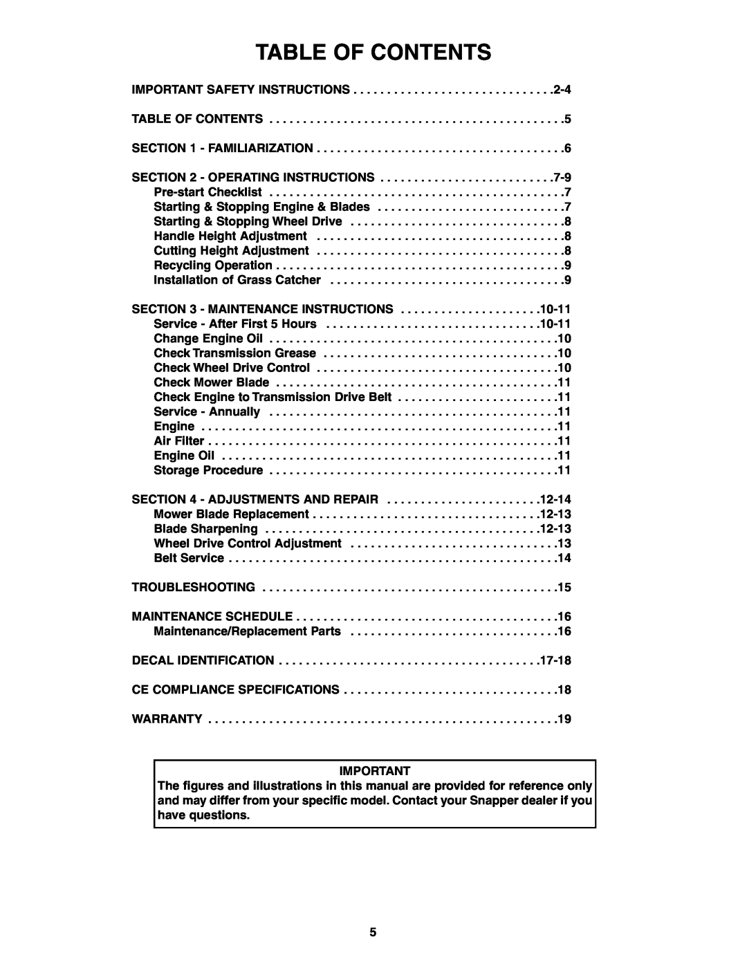 Snapper ELP216753BDV specifications Table Of Contents 