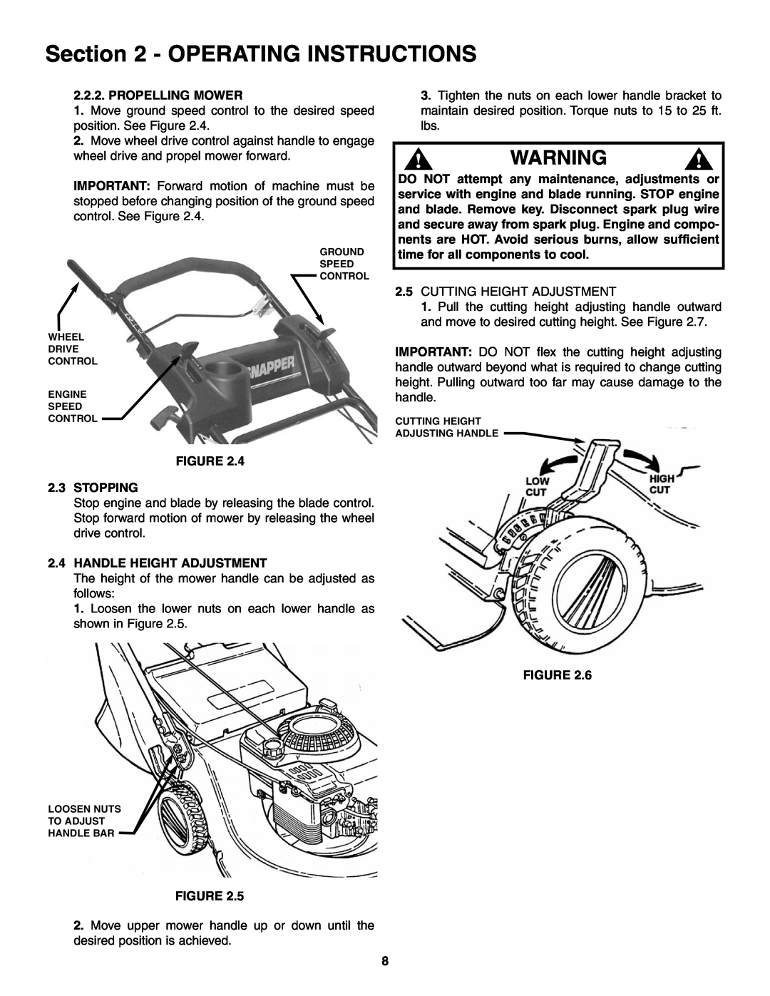 Snapper ELP216753BDV specifications Operating Instructions, Propelling Mower, Stopping, Handle Height Adjustment 
